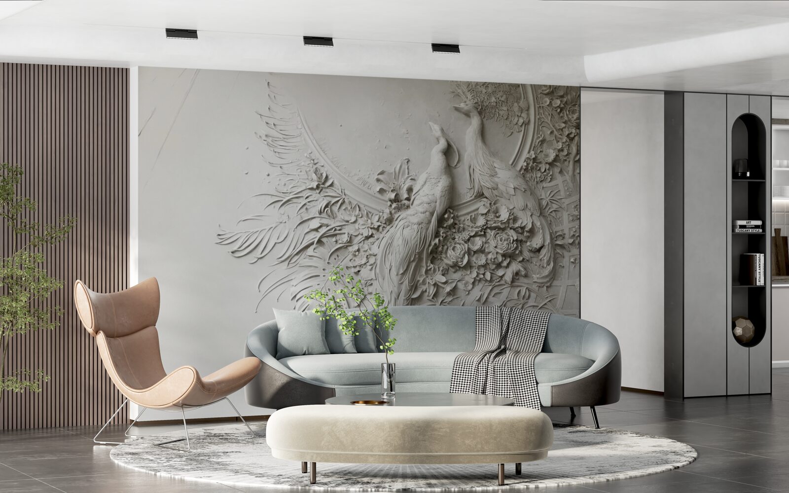 Fototapet familia păunului în plină floare într-un copac