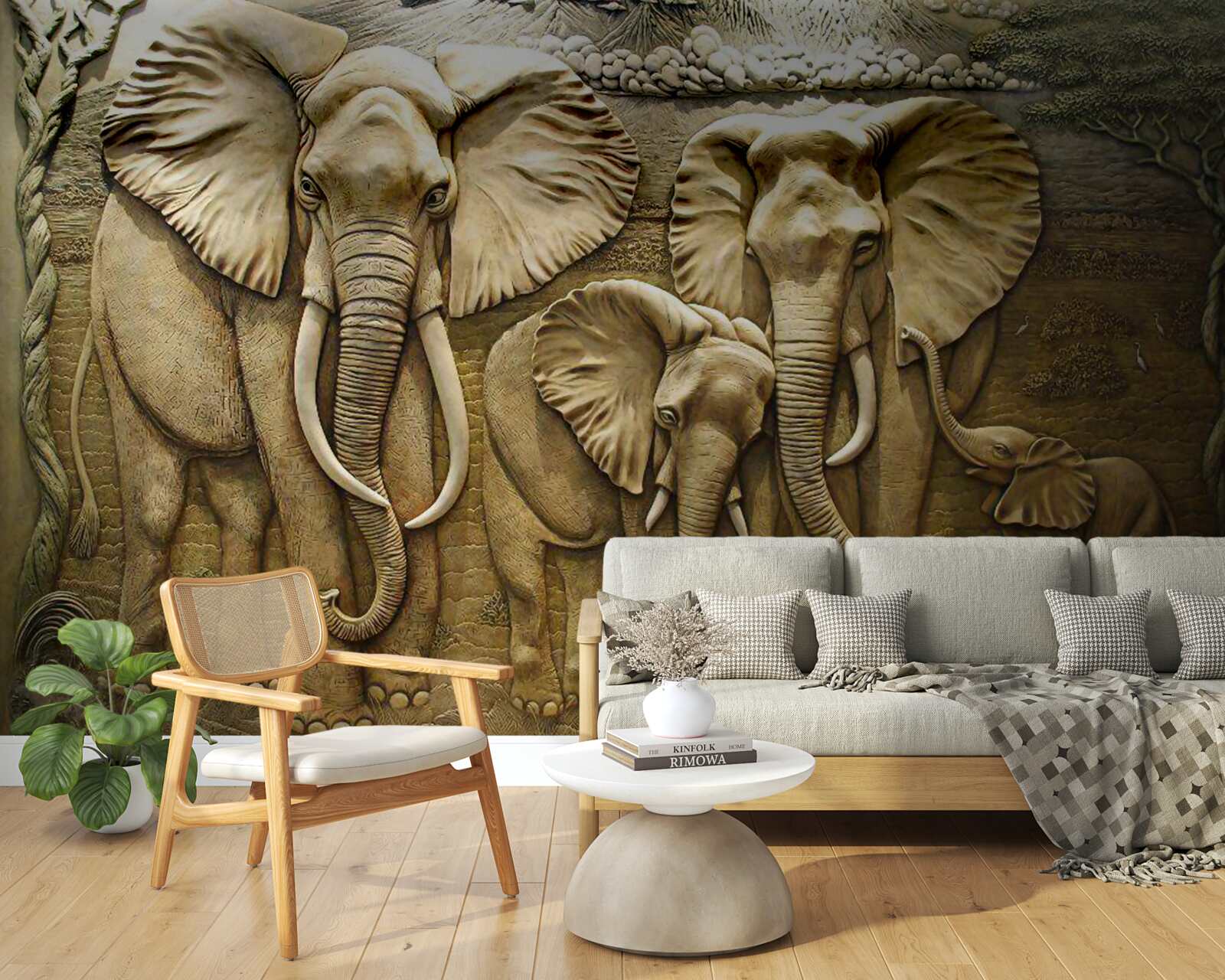 Fototapet familie de elefanți în sculptură