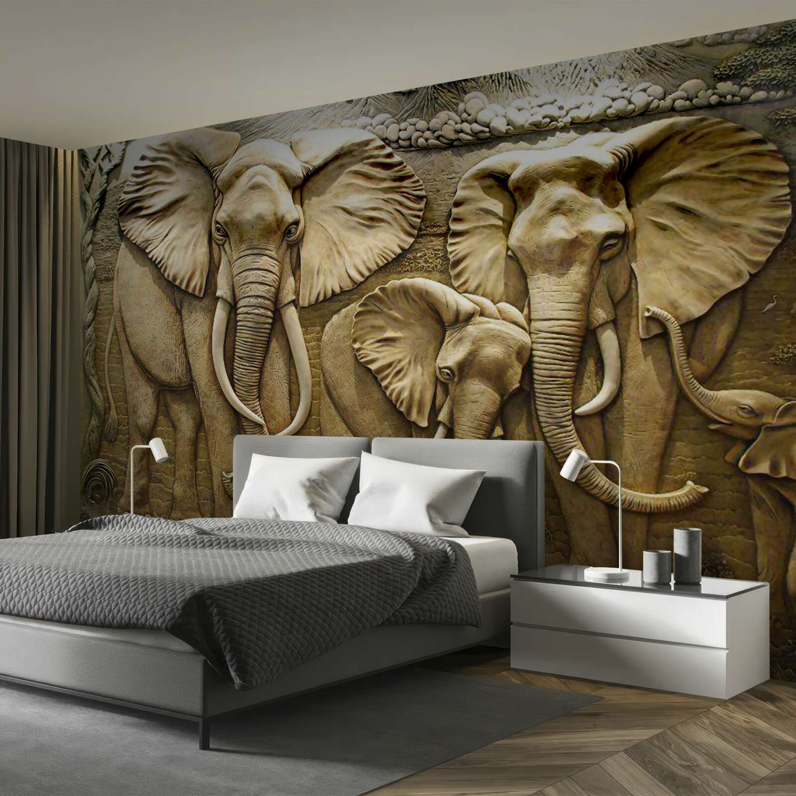 Fototapet familie de elefanți în sculptură