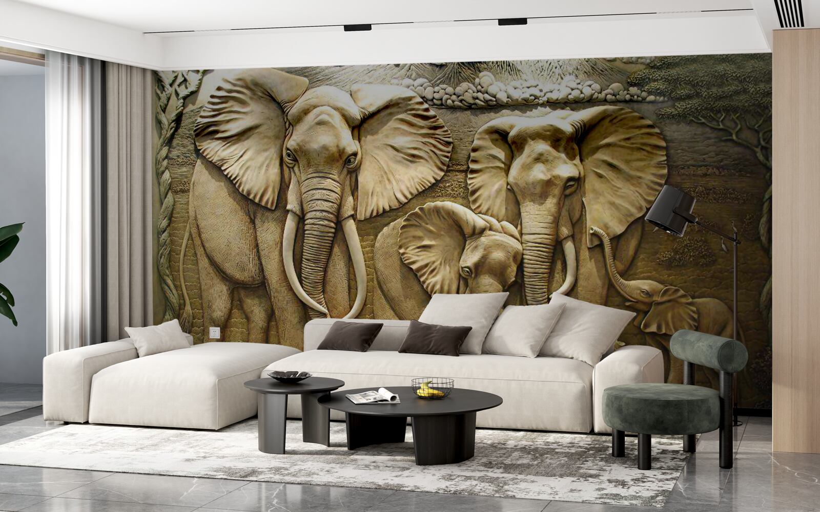 Fototapet familie de elefanți în sculptură