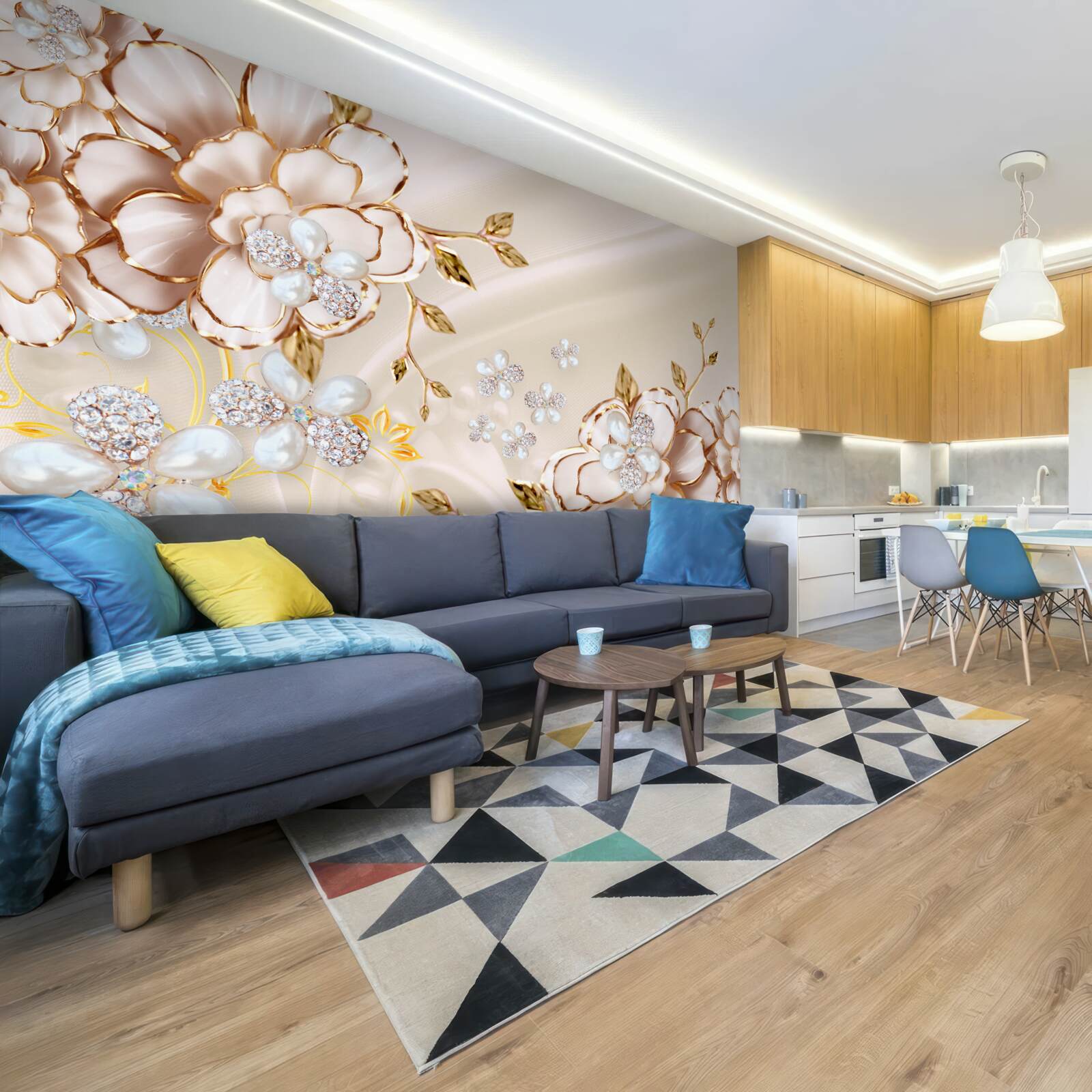 Fototapet flori cu brocart auriu cu diamante