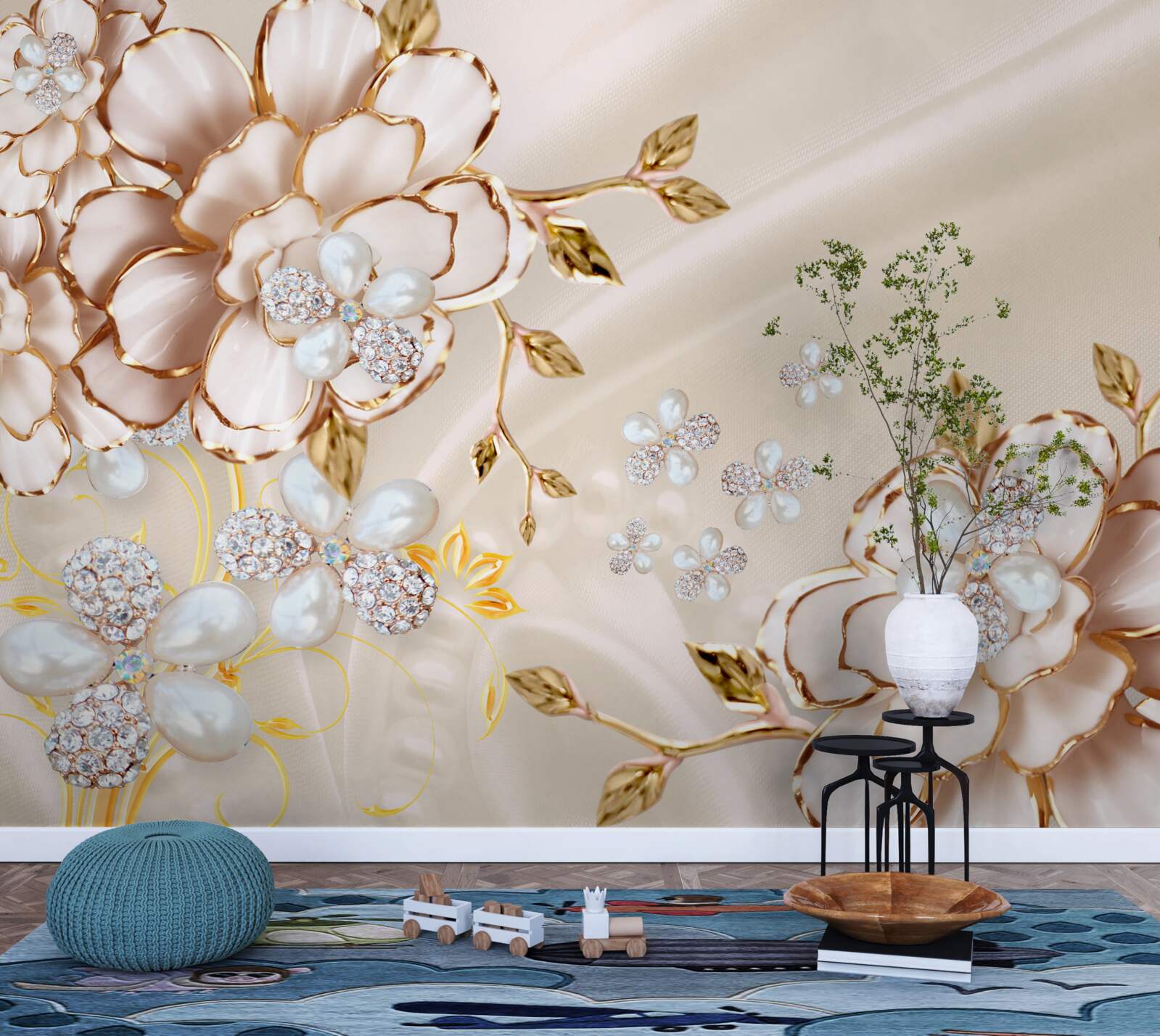 Fototapet flori cu brocart auriu cu diamante