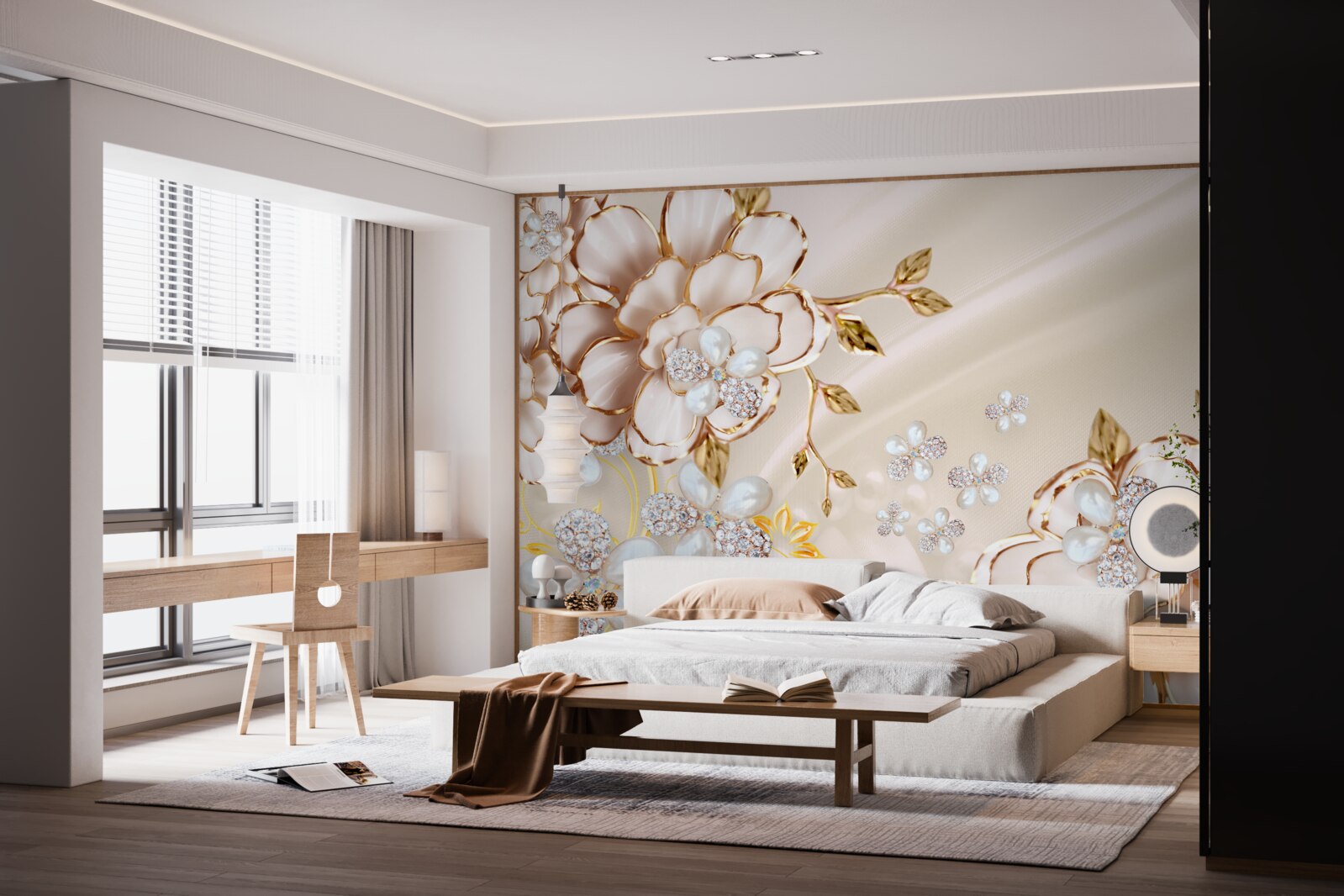 Fototapet flori cu brocart auriu cu diamante