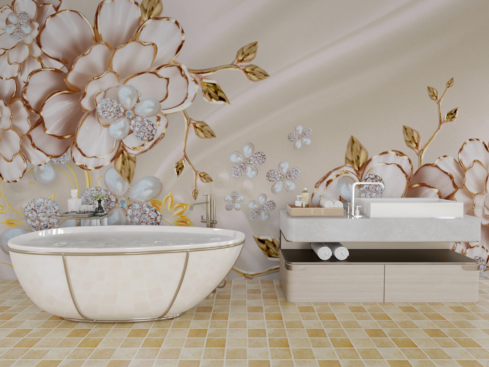 Fototapet flori cu brocart auriu cu diamante