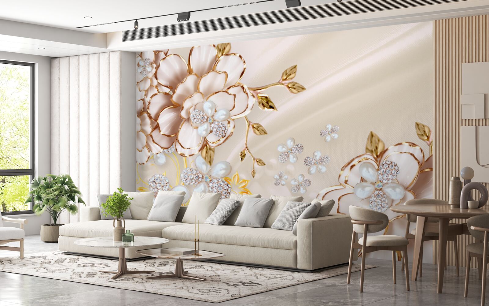 Fototapet flori cu brocart auriu cu diamante