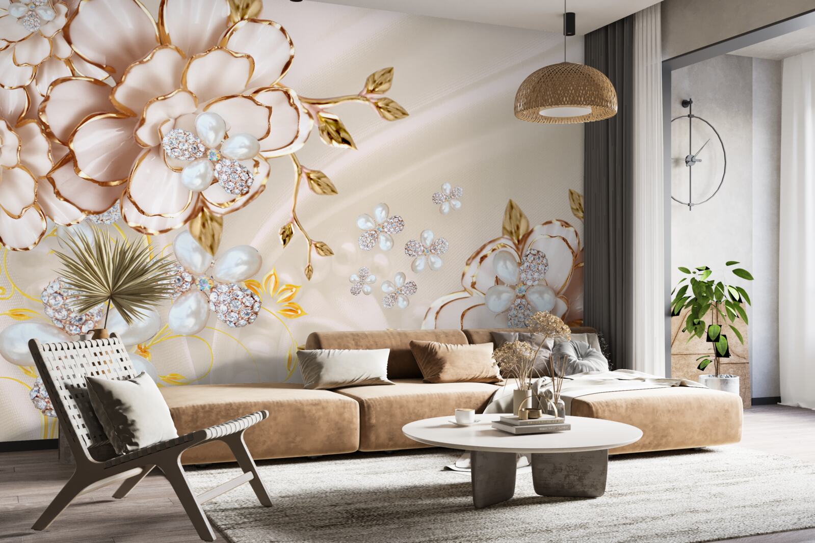 Fototapet flori cu brocart auriu cu diamante