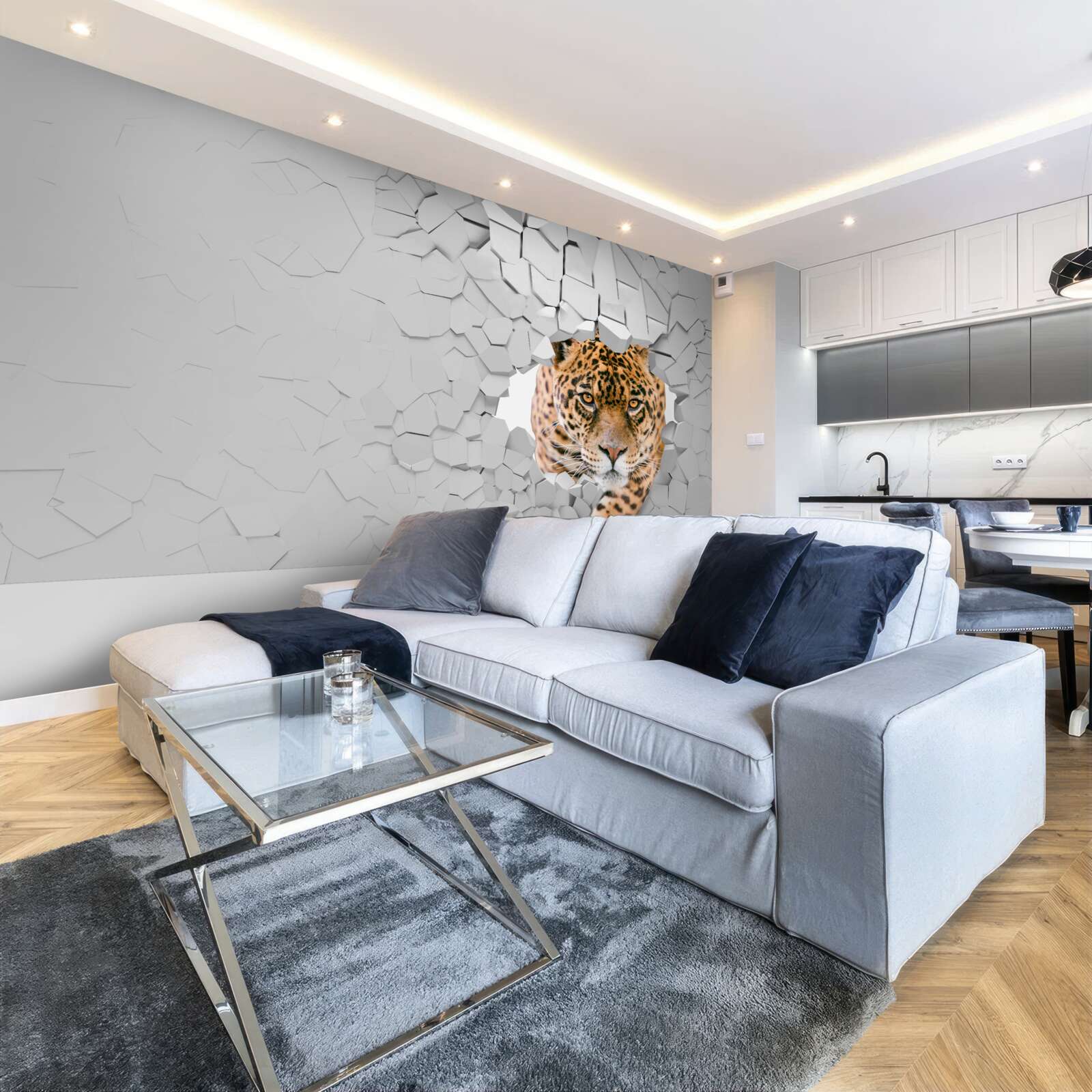 Fototapet leopardul trece de bariera de piatră