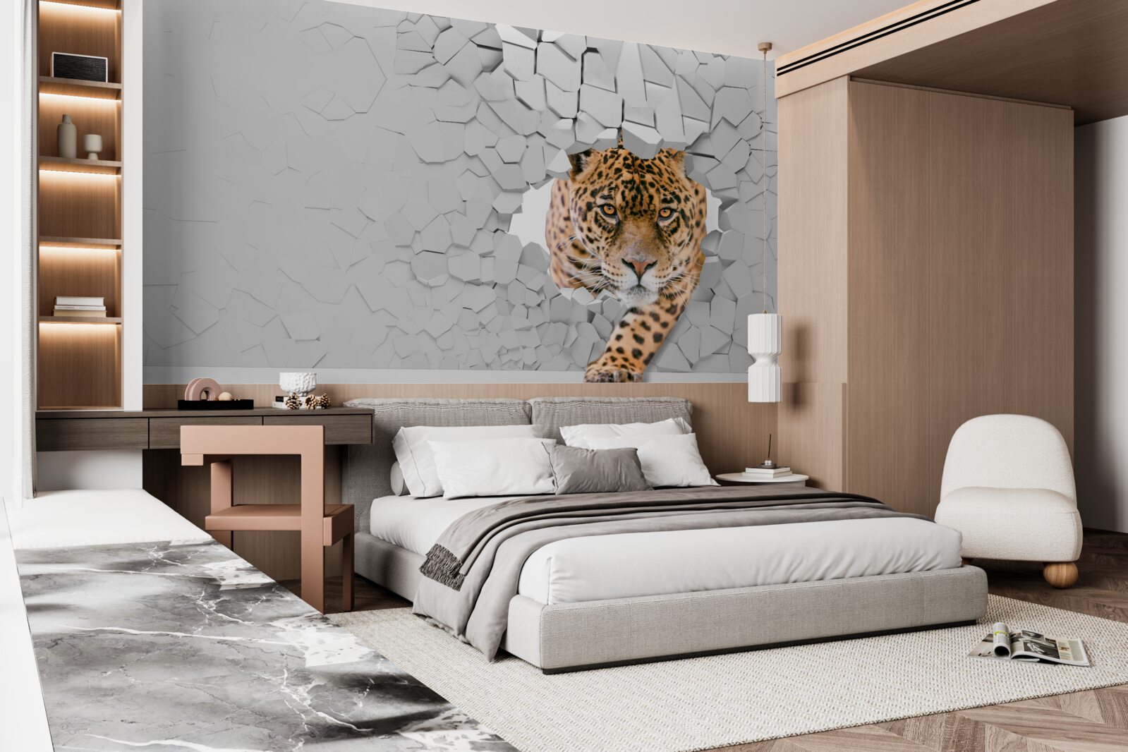 Fototapet leopardul trece de bariera de piatră