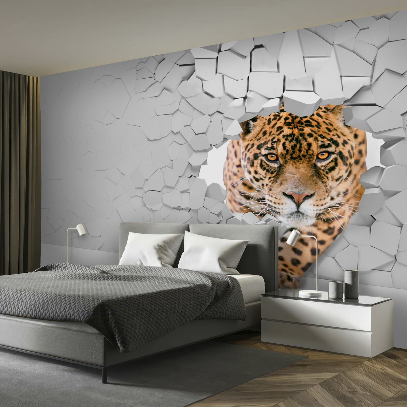 Fototapet leopardul trece de bariera de piatră