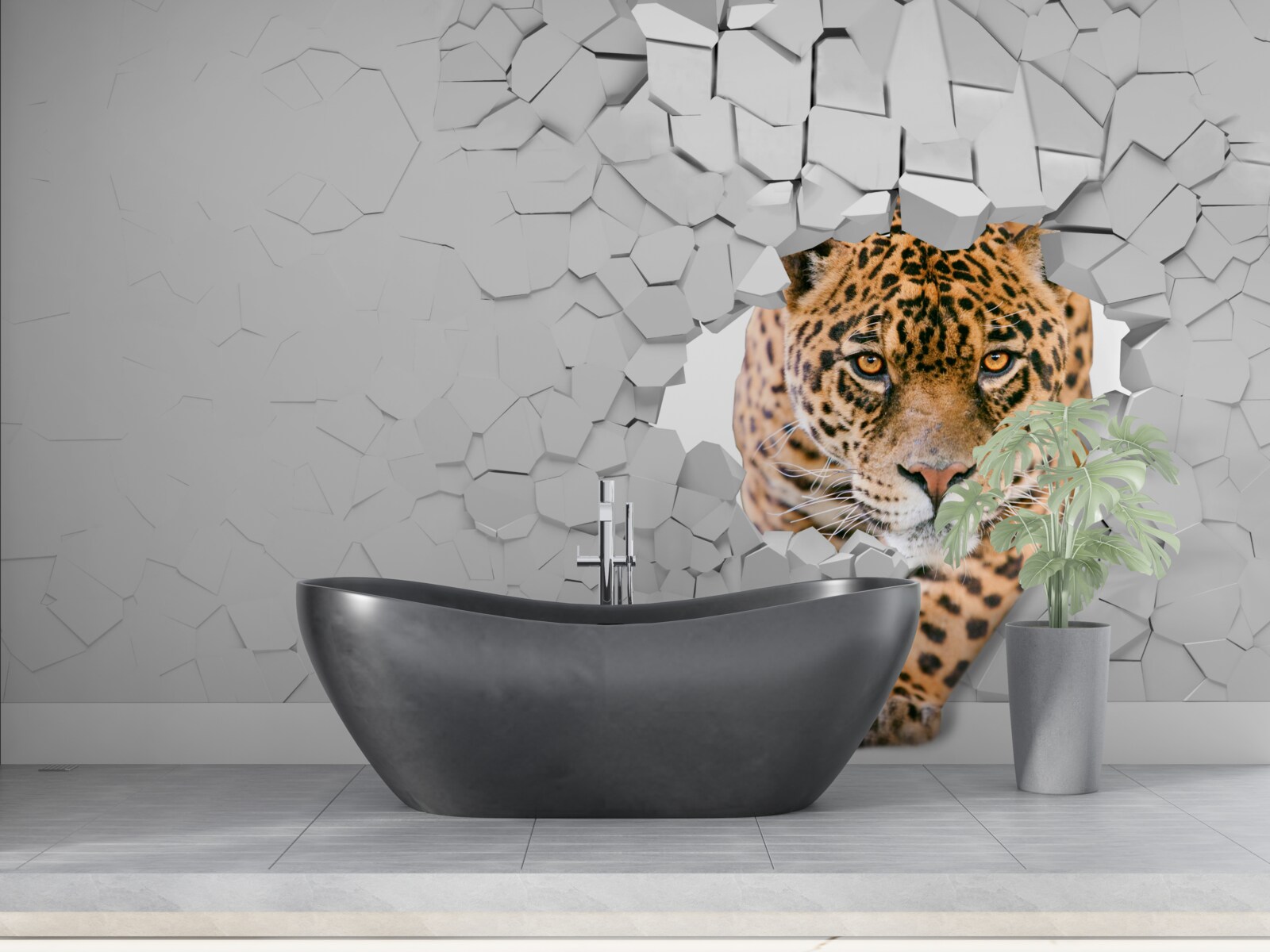 Fototapet leopardul trece de bariera de piatră