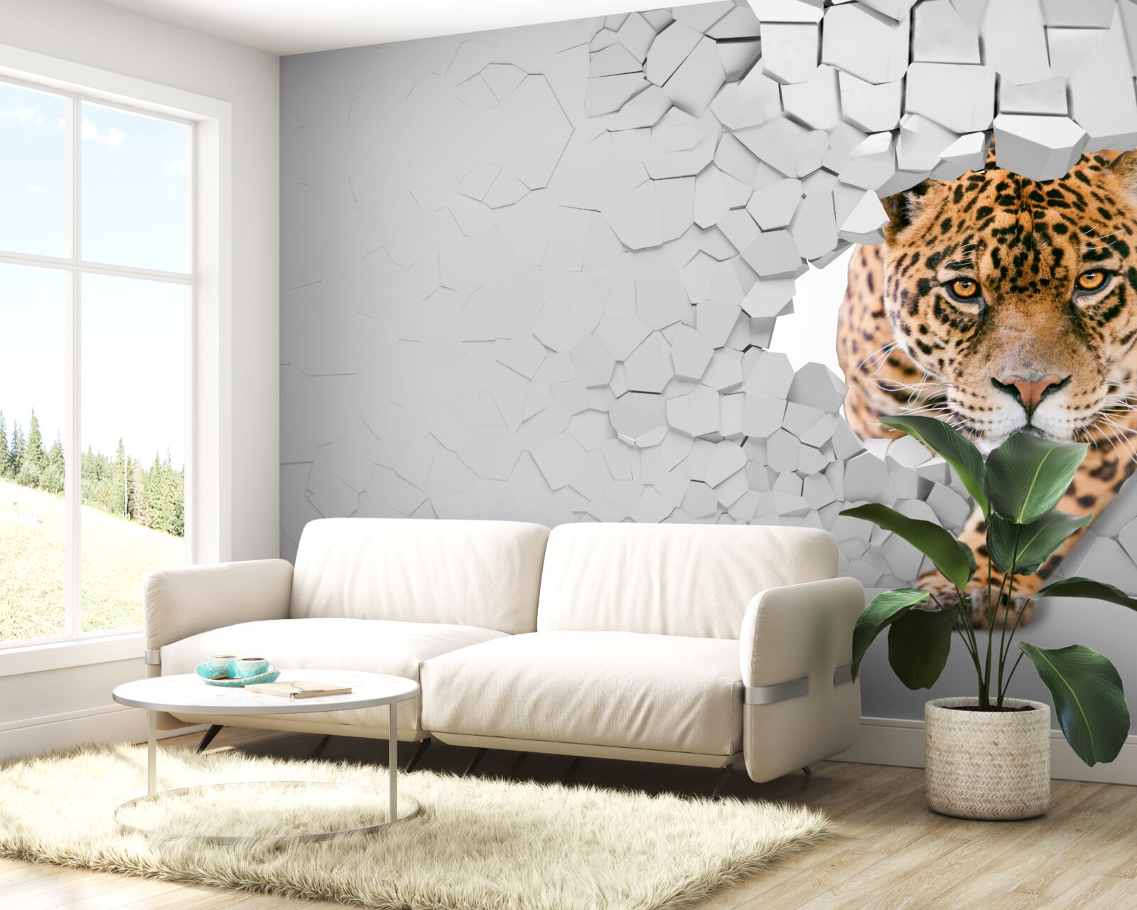 Fototapet leopardul trece de bariera de piatră