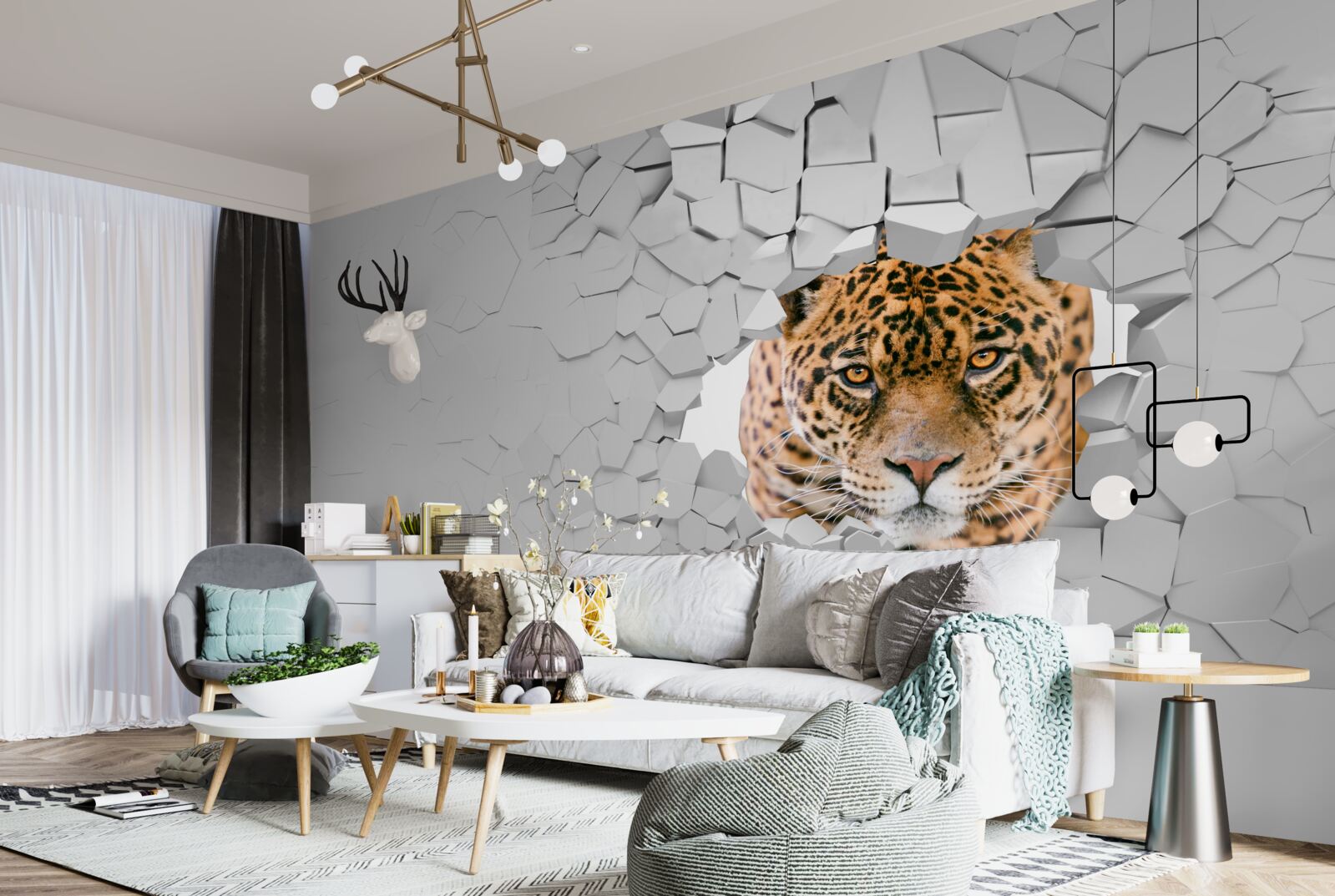 Fototapet leopardul trece de bariera de piatră