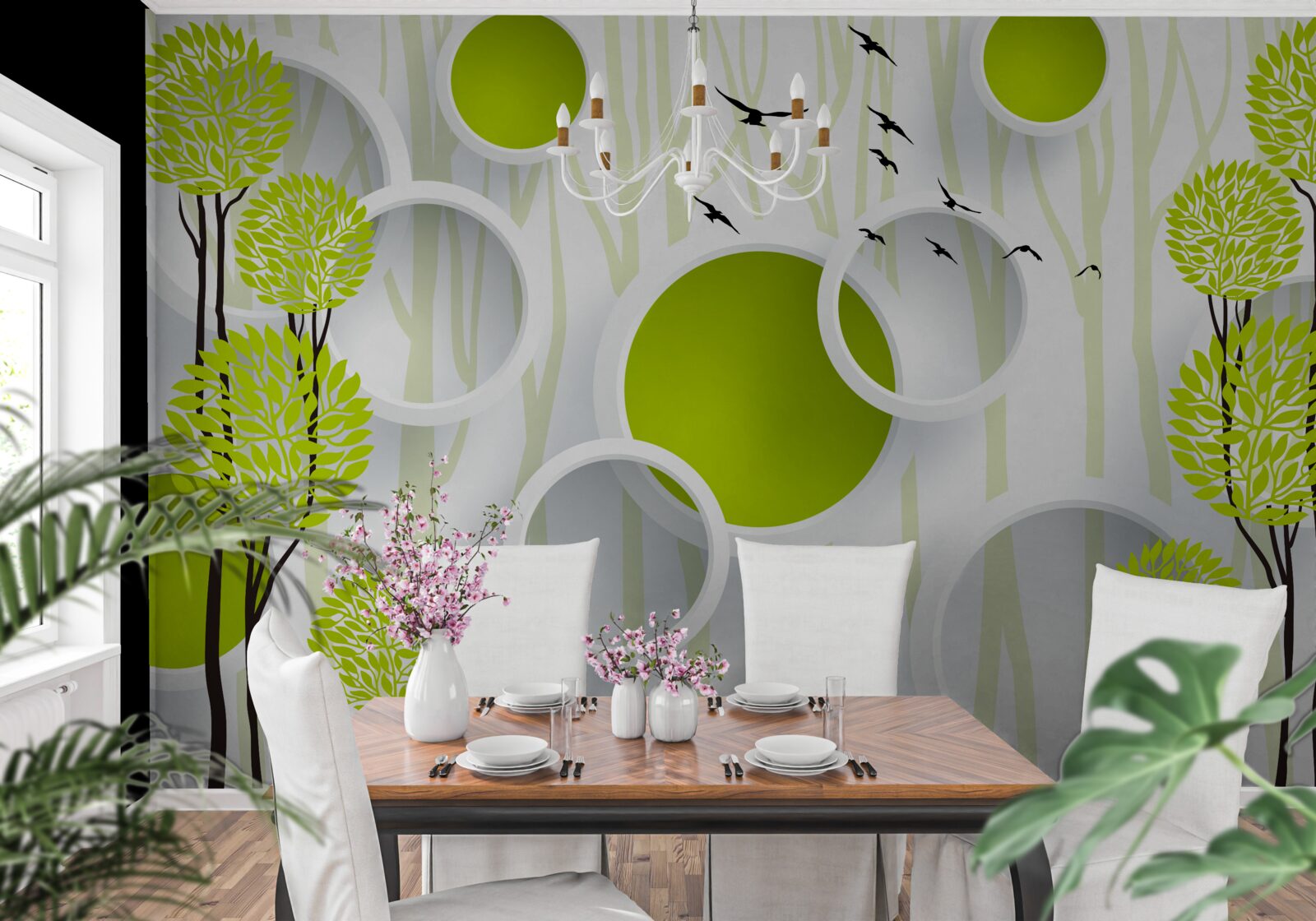 Fototapet păsările întâmpină primăvara cu veșmintele lor verzi