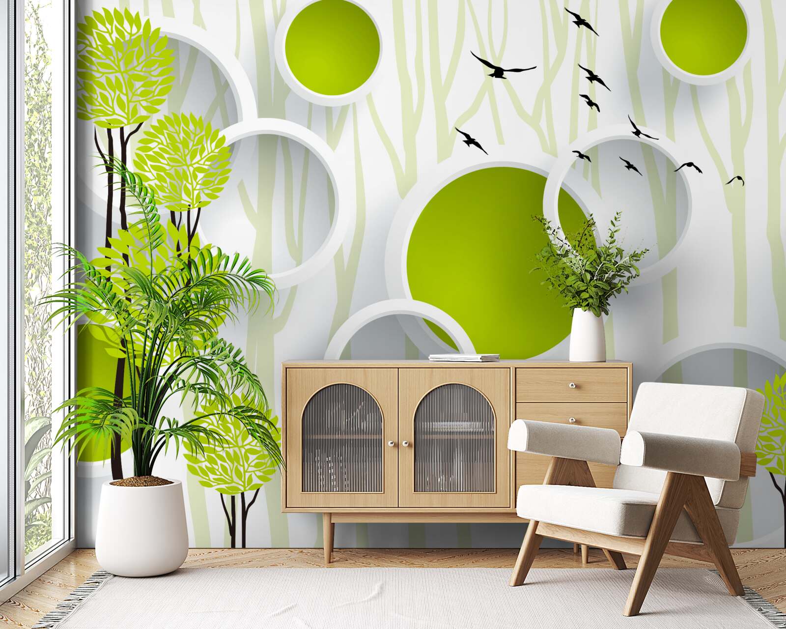 Fototapet păsările întâmpină primăvara cu veșmintele lor verzi