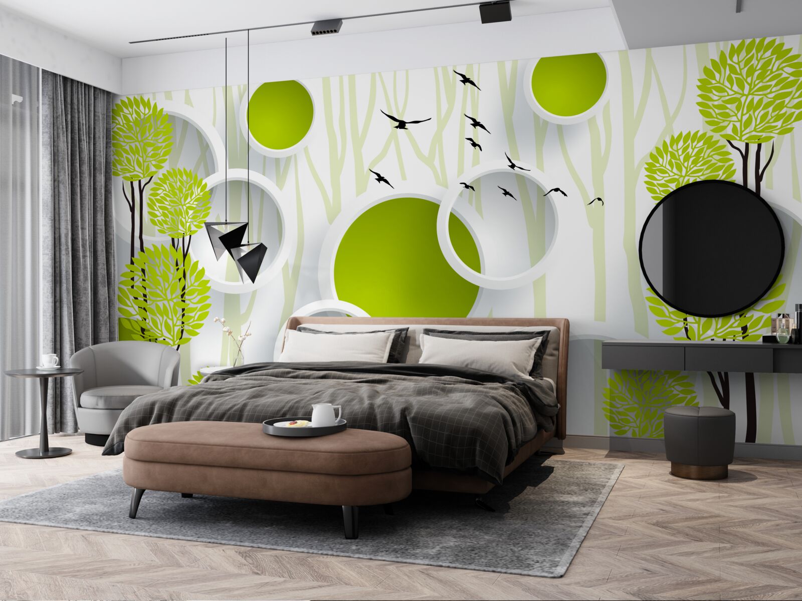 Fototapet păsările întâmpină primăvara cu veșmintele lor verzi