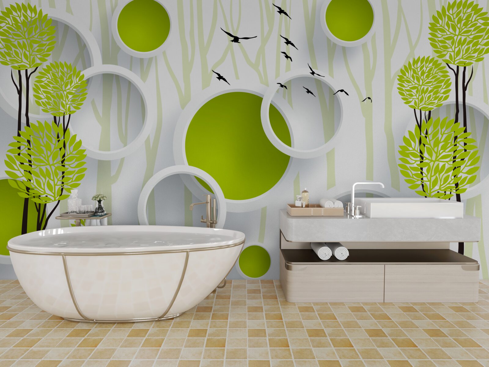 Fototapet păsările întâmpină primăvara cu veșmintele lor verzi