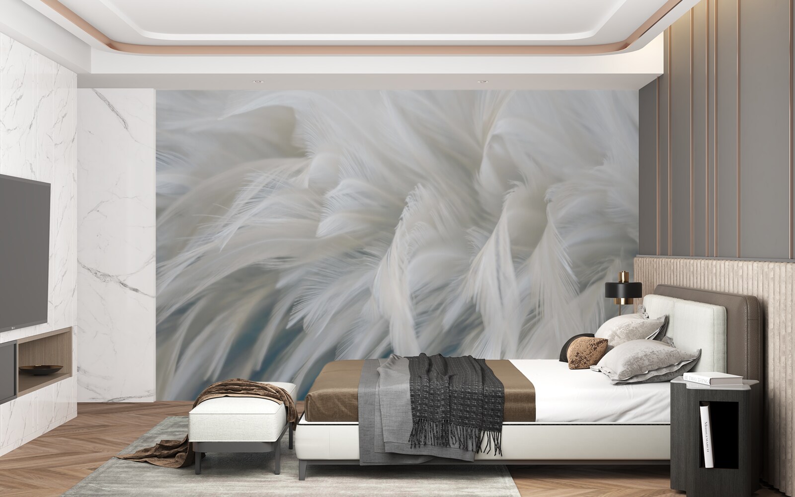 Fototapet buchet moale de pene albe ca zăpada