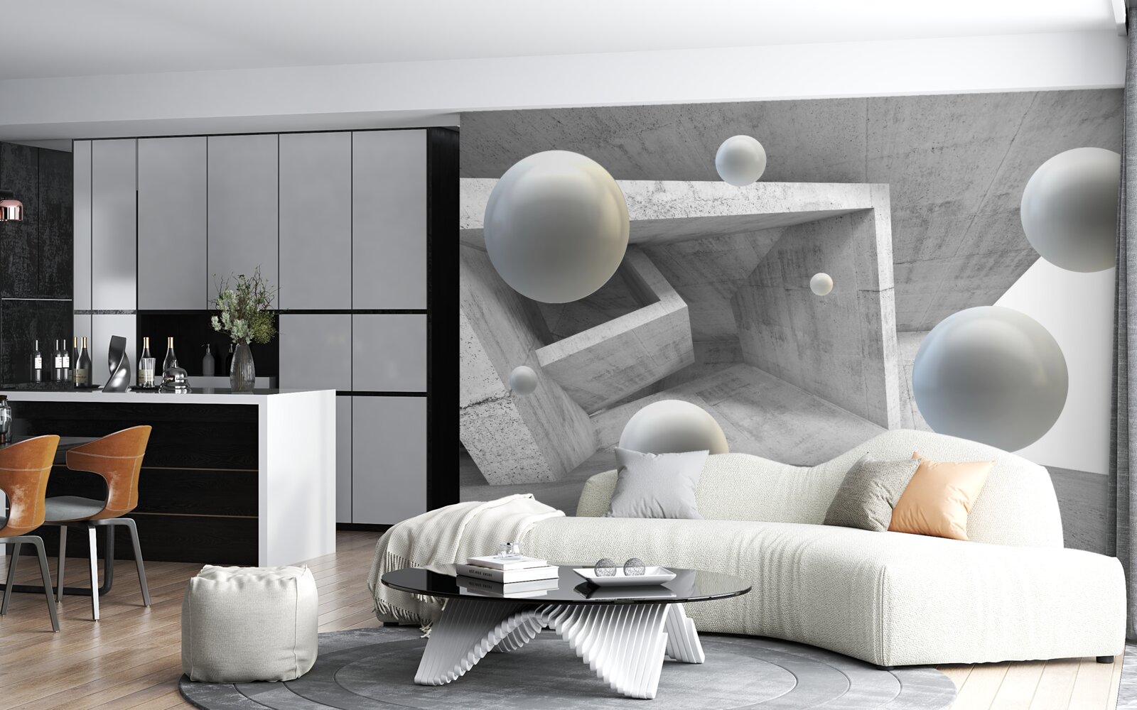 Fototapet tunel de formă geometrică și obiecte sferice