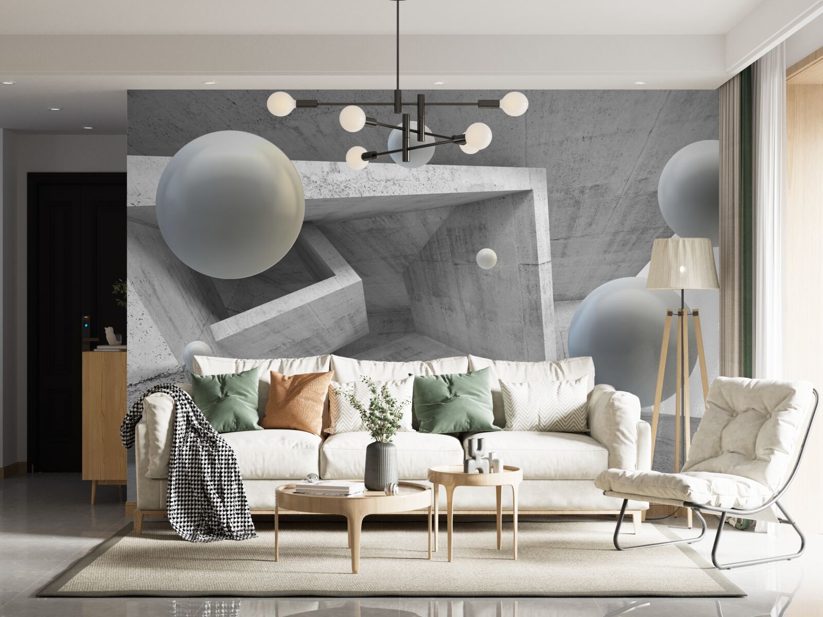 Fototapet tunel de formă geometrică și obiecte sferice