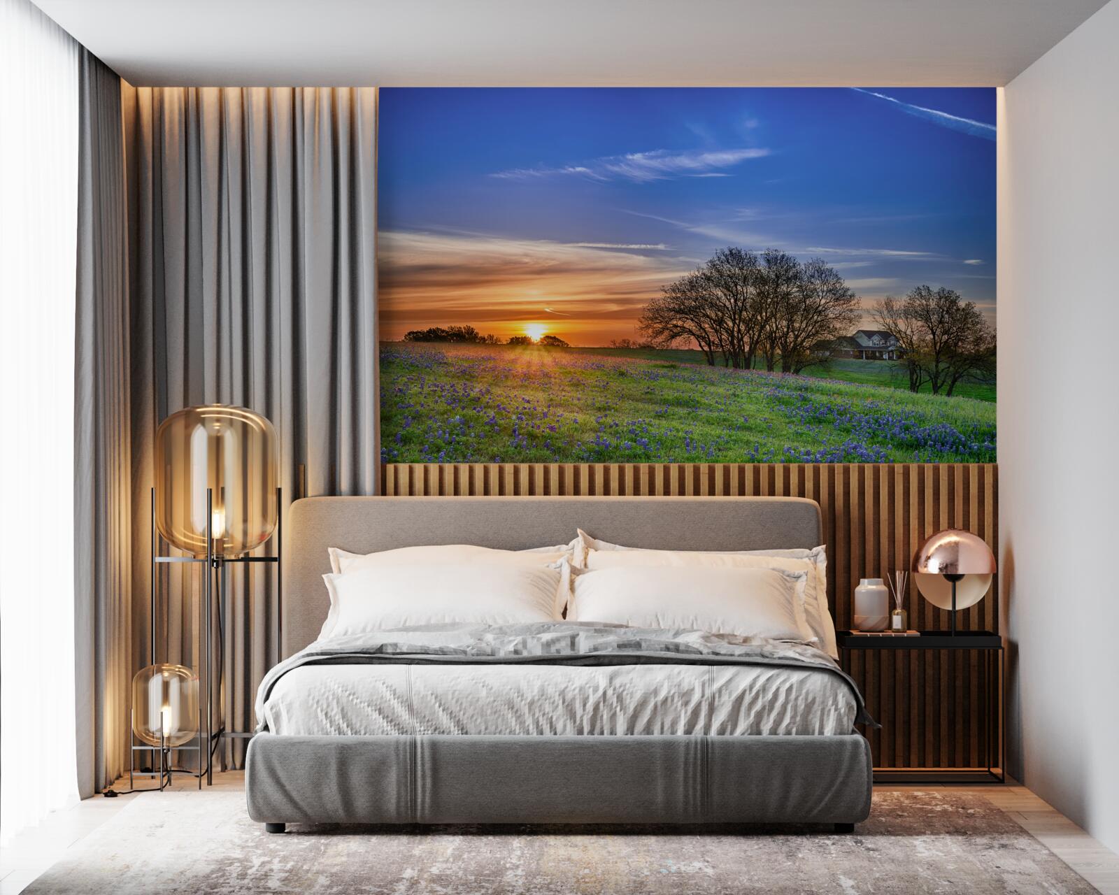 Fototapet soarele apune peste un câmp presărat cu flori