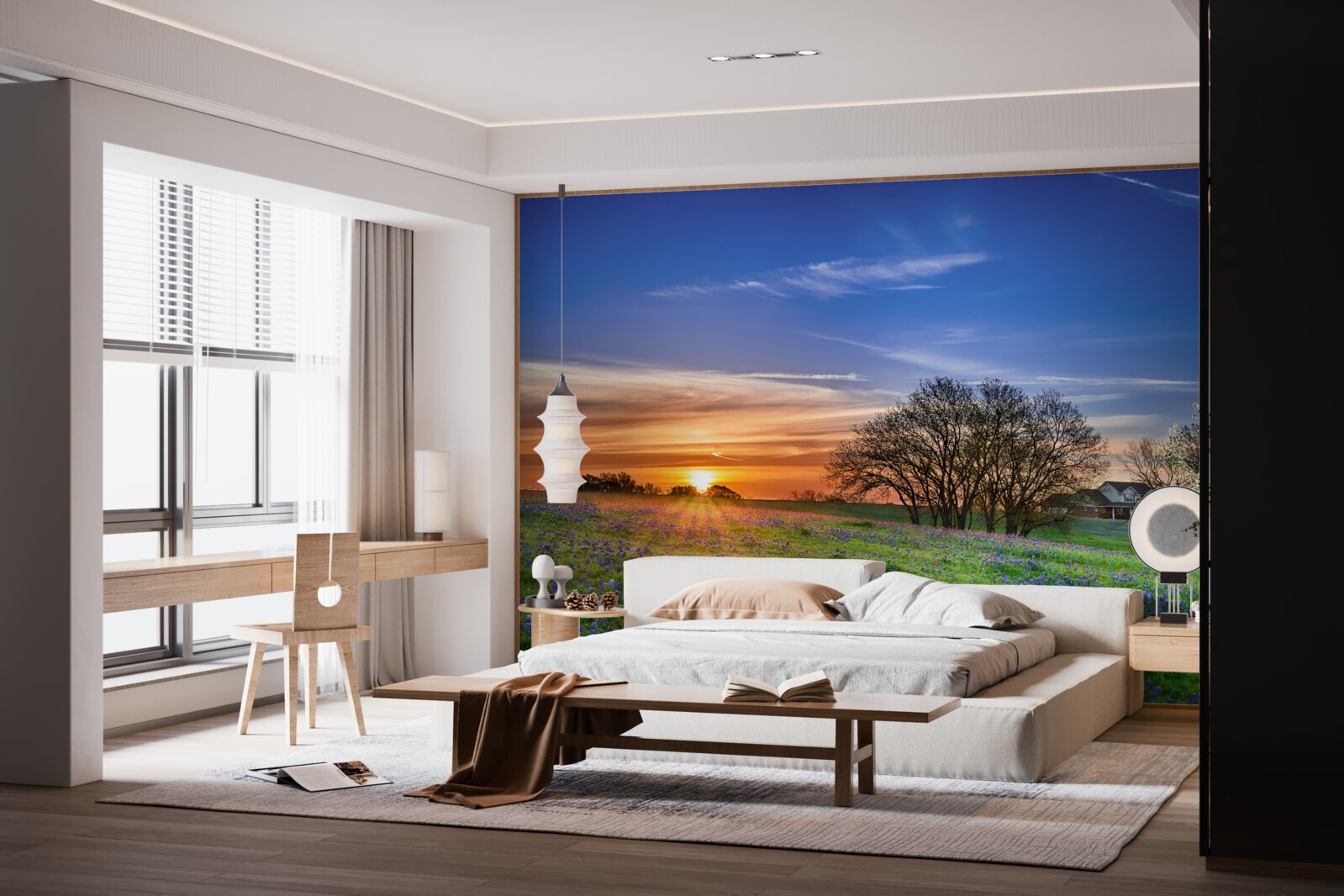 Fototapet soarele apune peste un câmp presărat cu flori