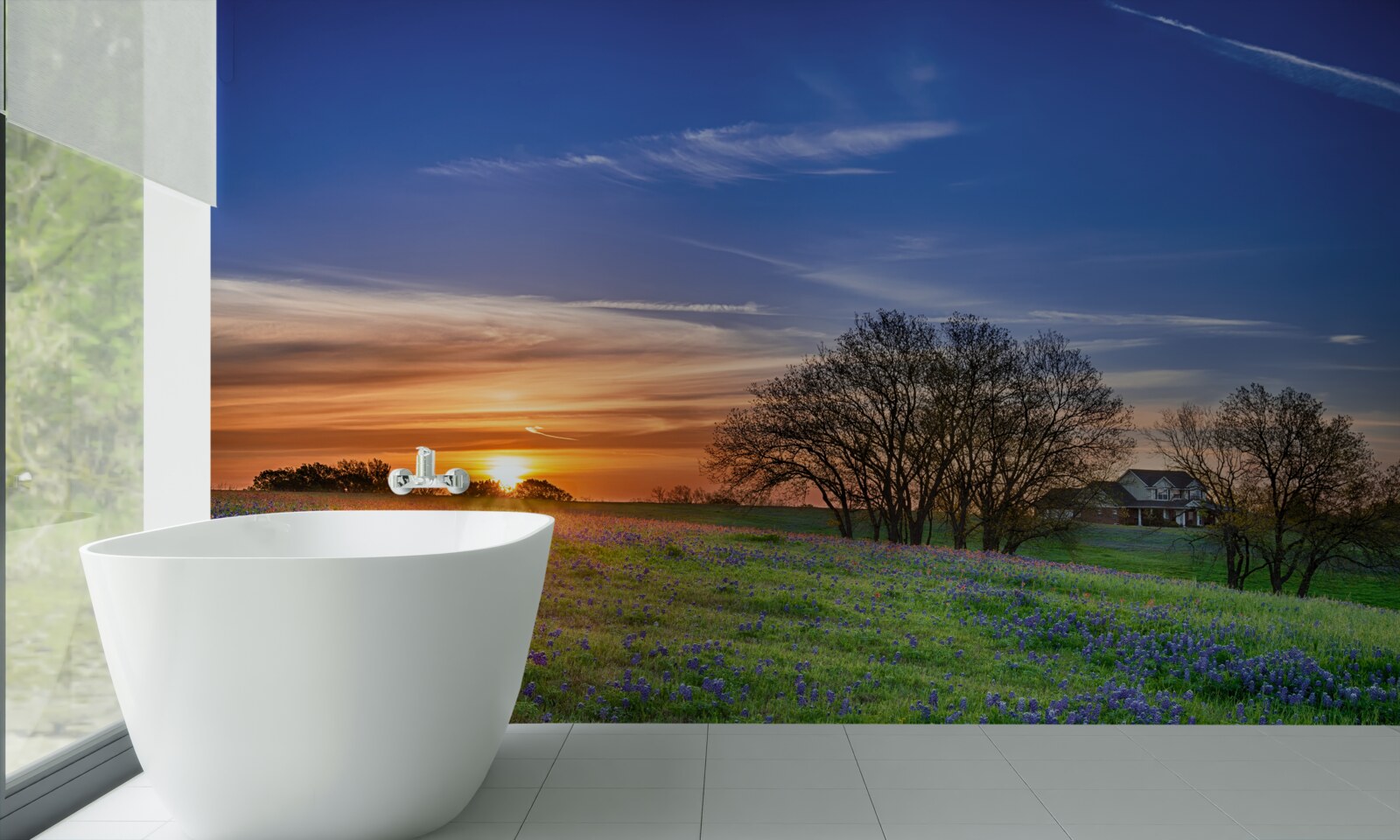 Fototapet soarele apune peste un câmp presărat cu flori