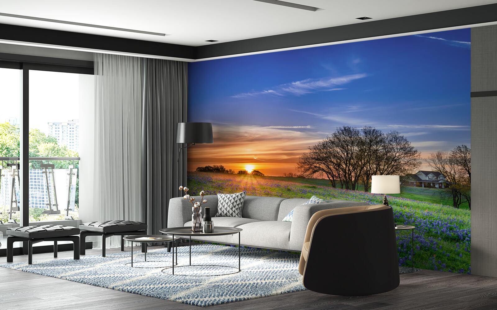 Fototapet soarele apune peste un câmp presărat cu flori