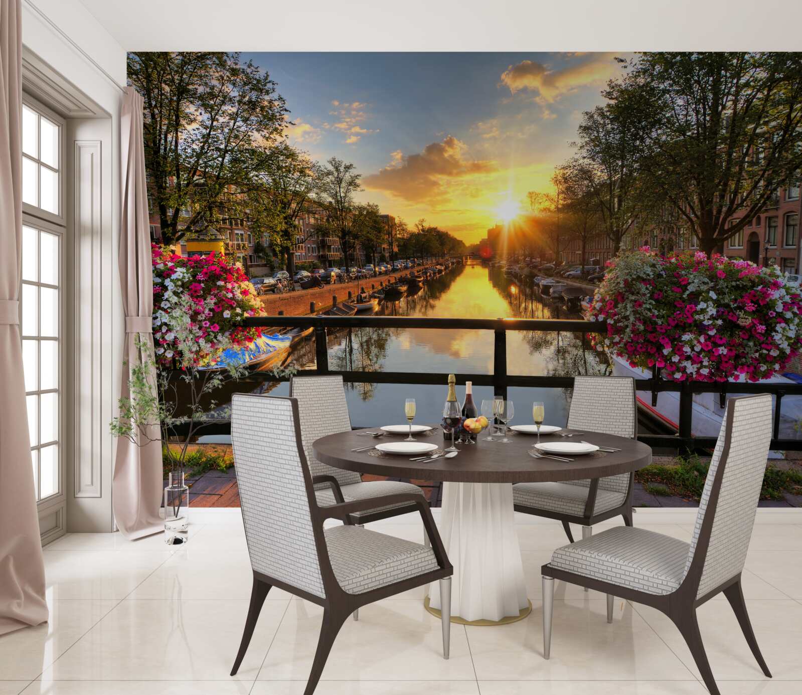 Fototapet vizionarea apusului de soare de pe un pod din amsterdam