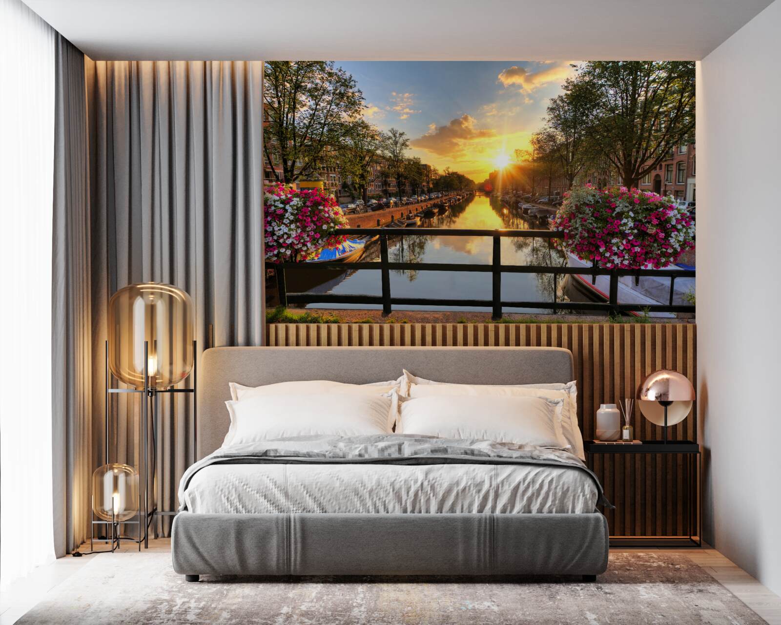 Fototapet vizionarea apusului de soare de pe un pod din amsterdam