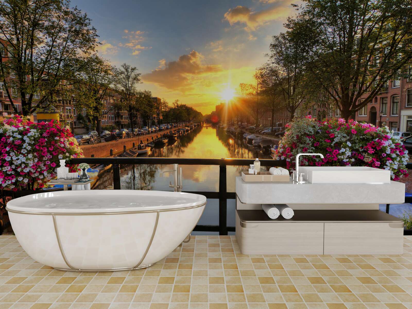 Fototapet vizionarea apusului de soare de pe un pod din amsterdam