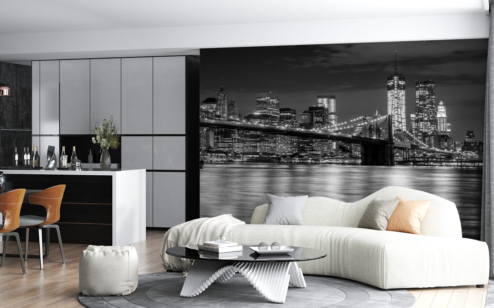 Fototapet panorama podului brooklyn în alb și negru