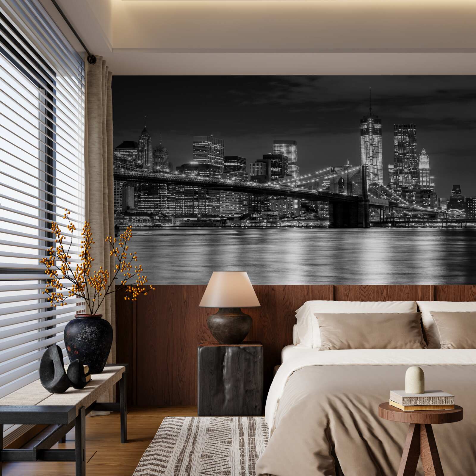 Fototapet panorama podului brooklyn în alb și negru