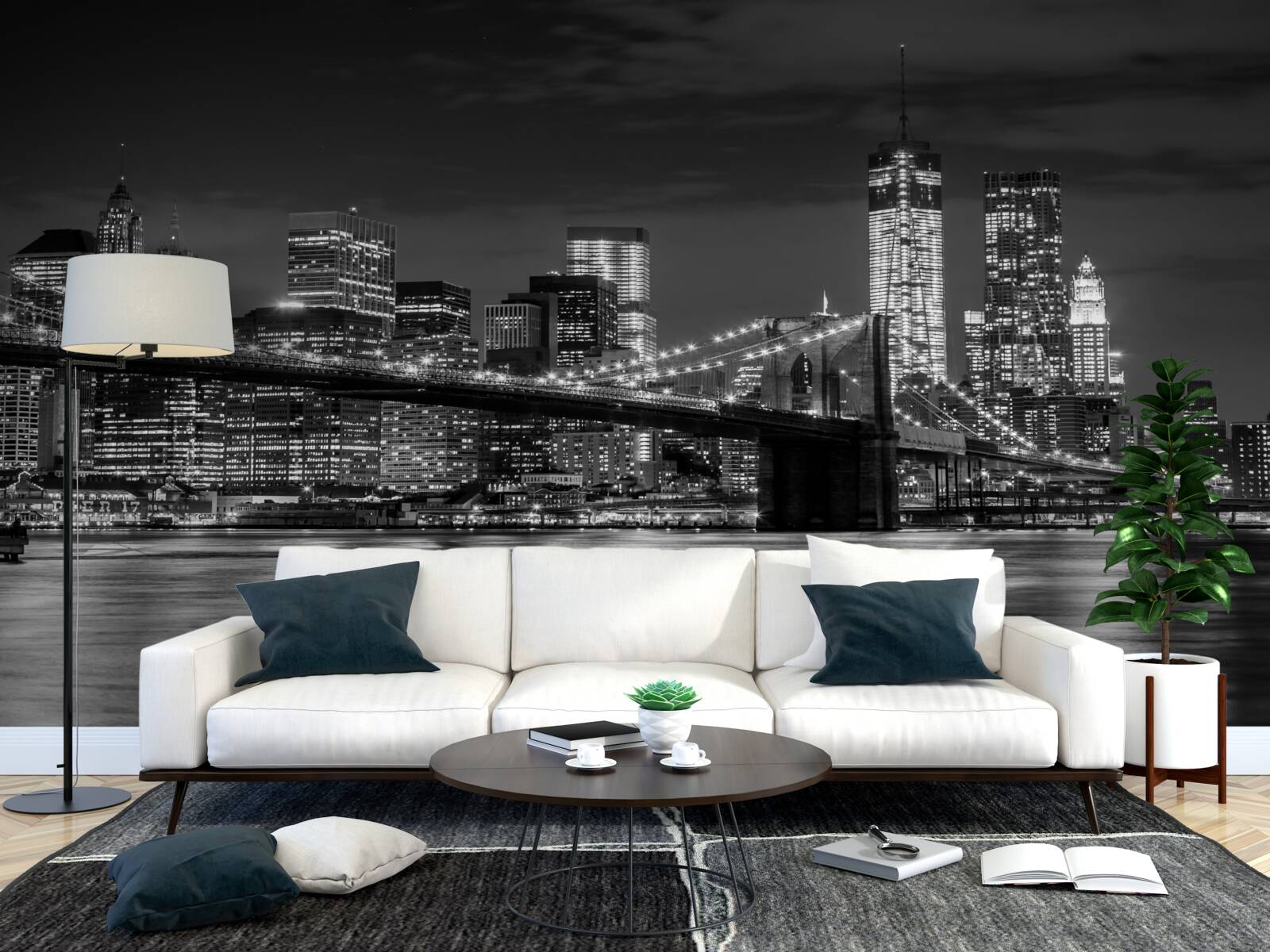 Fototapet panorama podului brooklyn în alb și negru