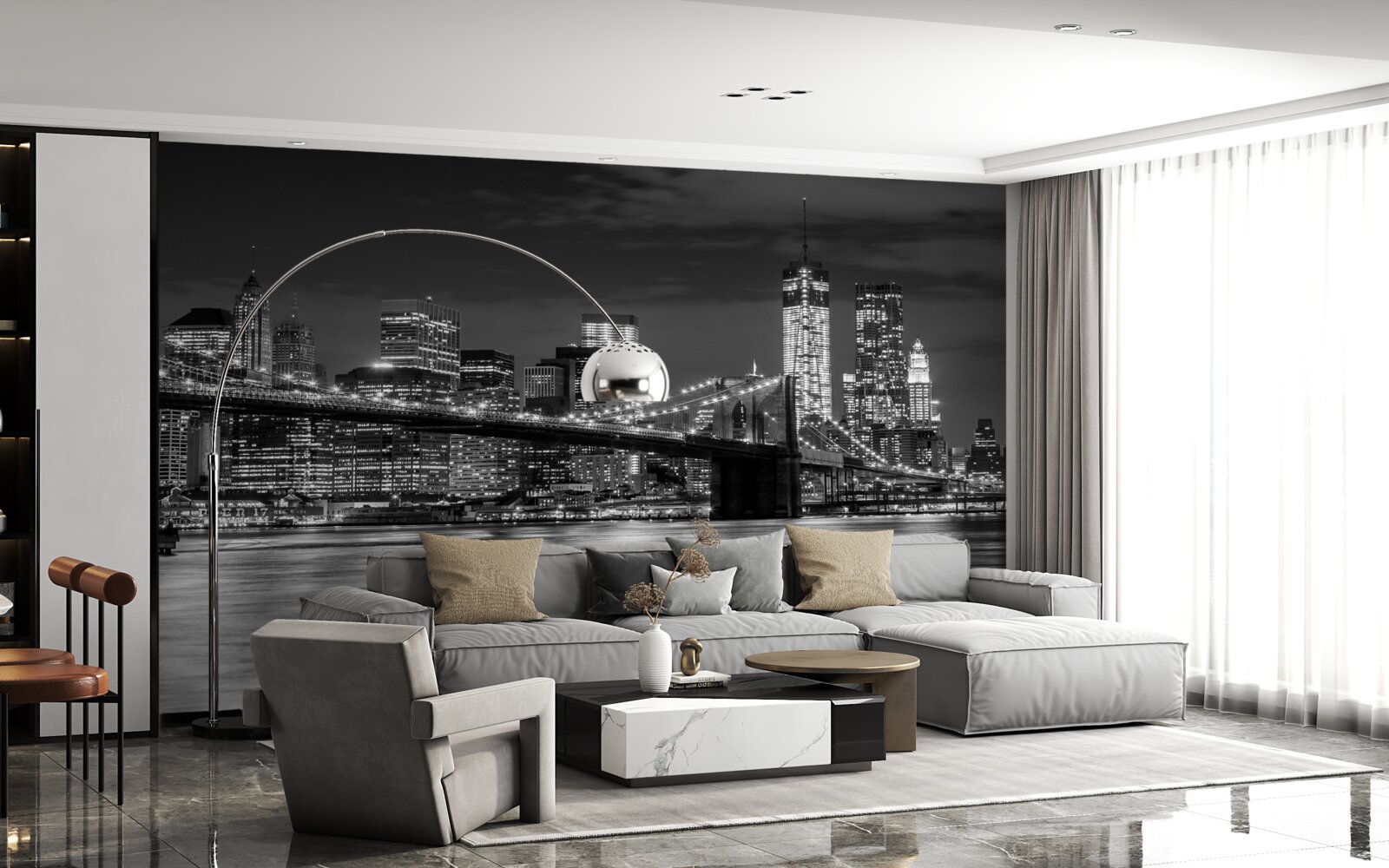 Fototapet panorama podului brooklyn în alb și negru