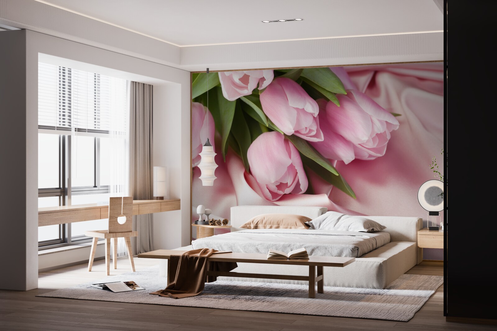 Fototapet lalele roz pe un fundal de mătase