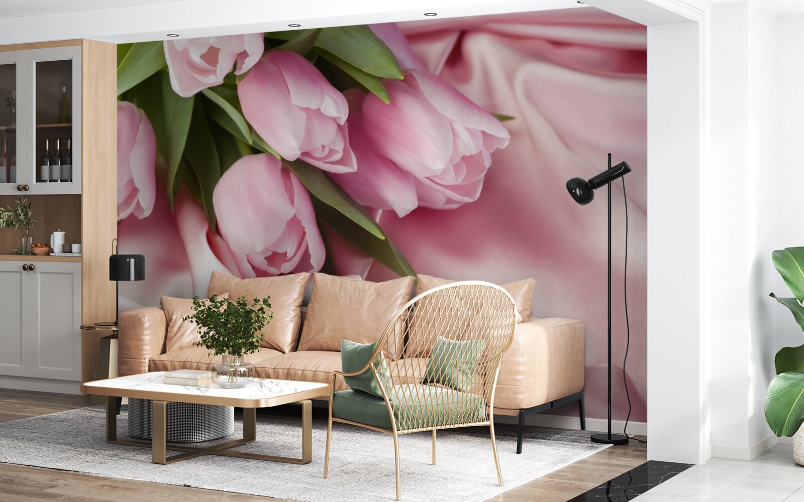 Fototapet lalele roz pe un fundal de mătase