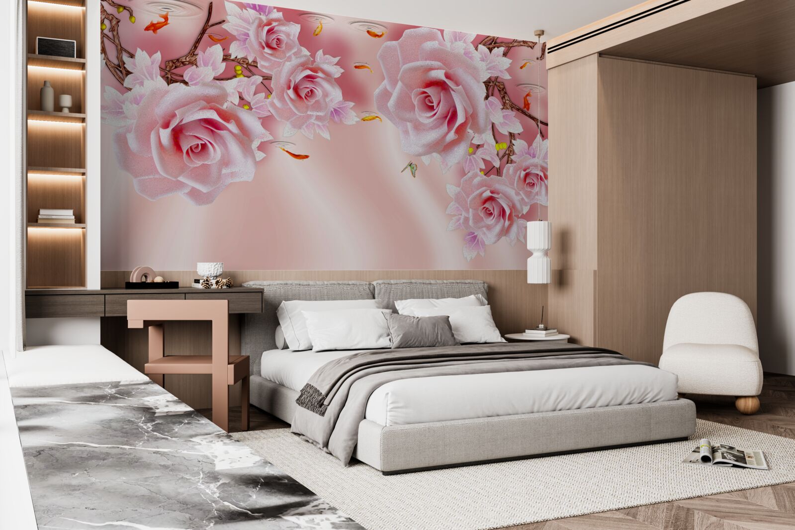 Fototapet muguri de trandafiri delicați înfloresc pe ramuri