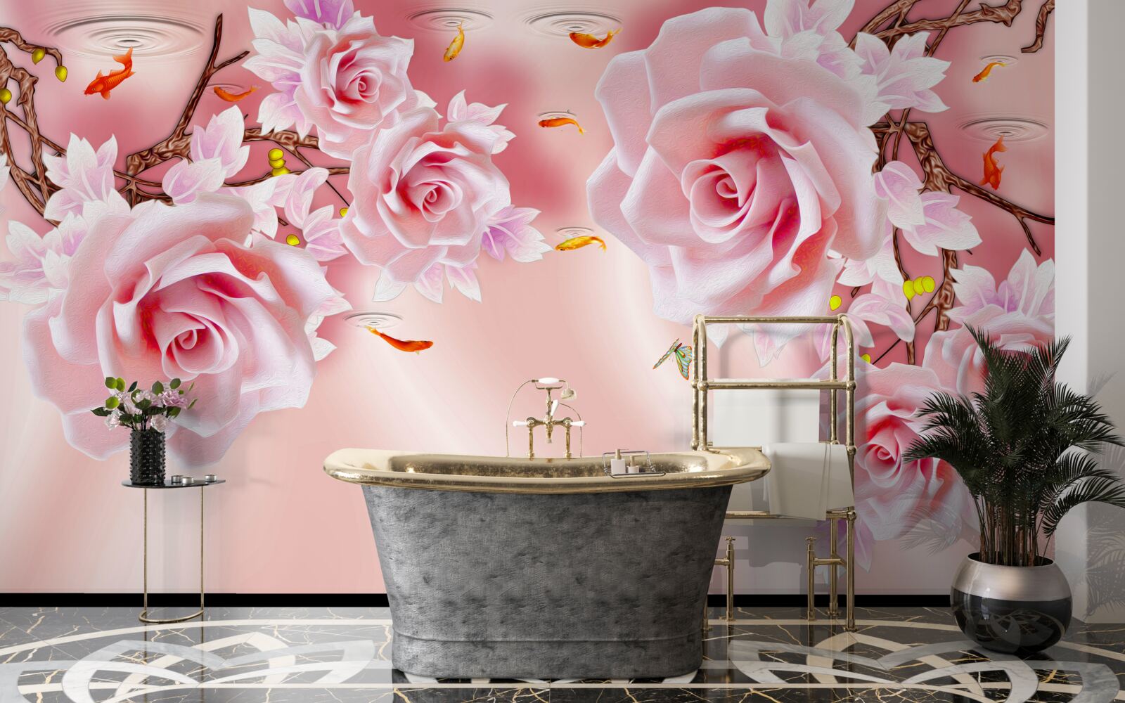 Fototapet muguri de trandafiri delicați înfloresc pe ramuri