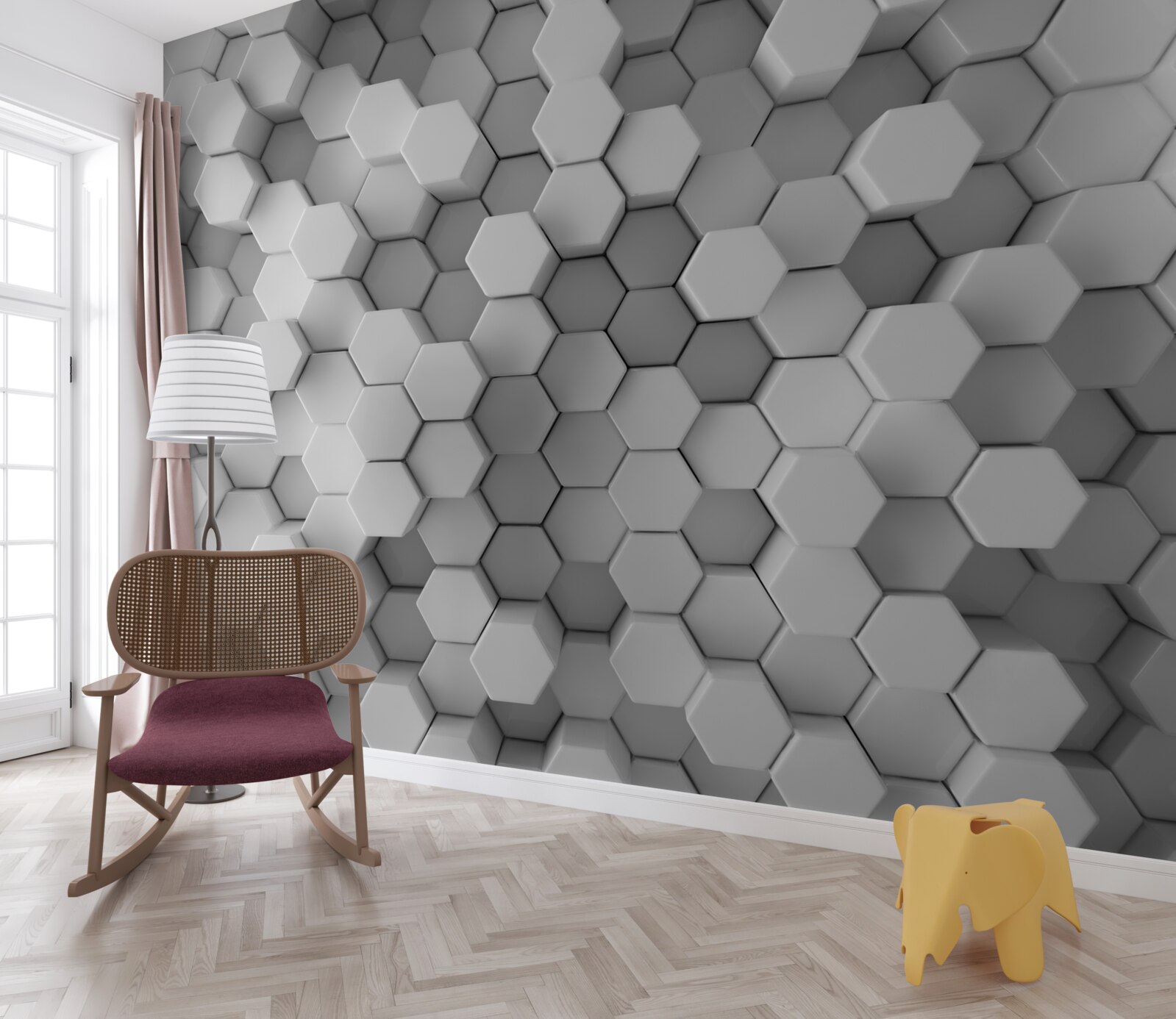 Fototapet hexagoane gri și albe presate în formă