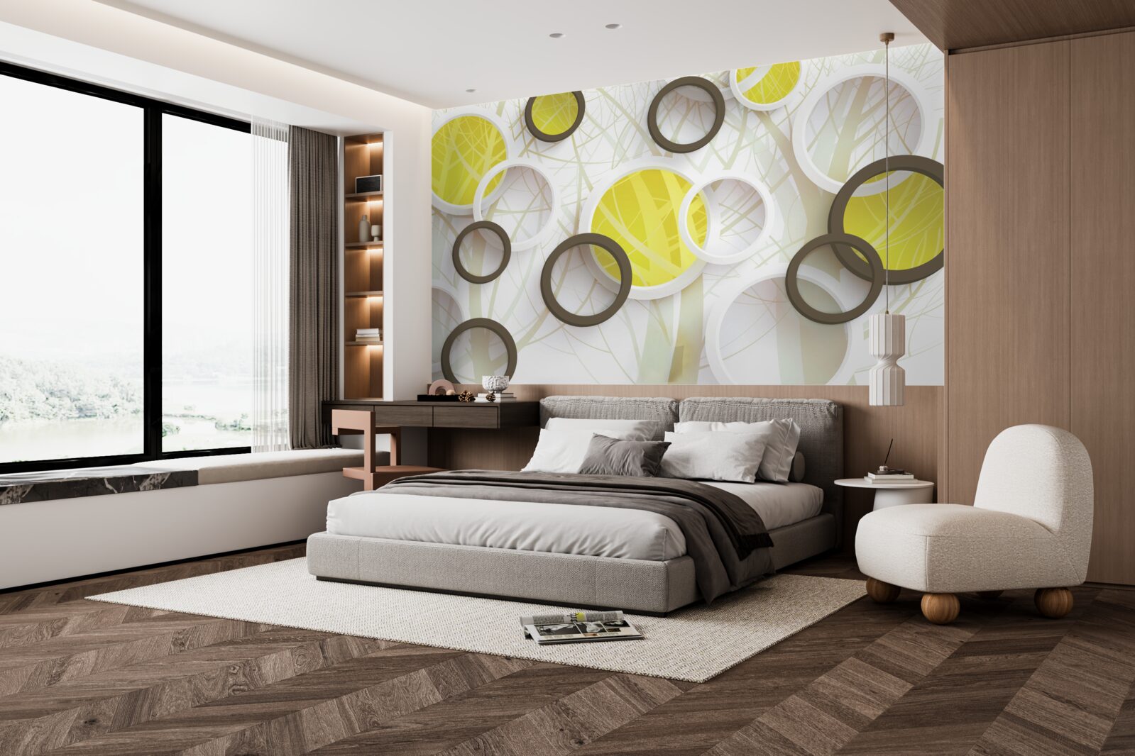 Fototapet roți în vedere stereoscopică, cu pădure în fundal