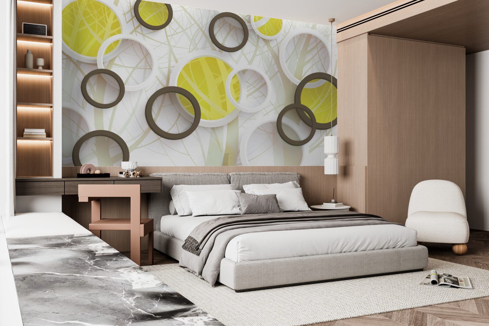 Fototapet roți în vedere stereoscopică, cu pădure în fundal