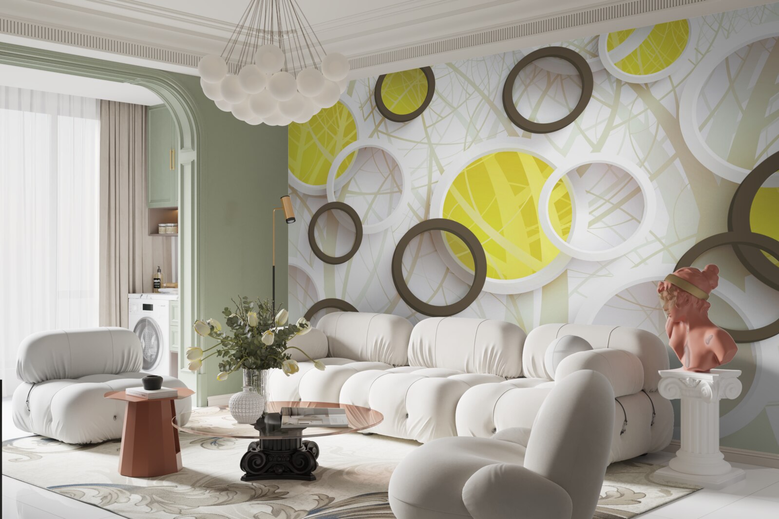 Fototapet roți în vedere stereoscopică, cu pădure în fundal