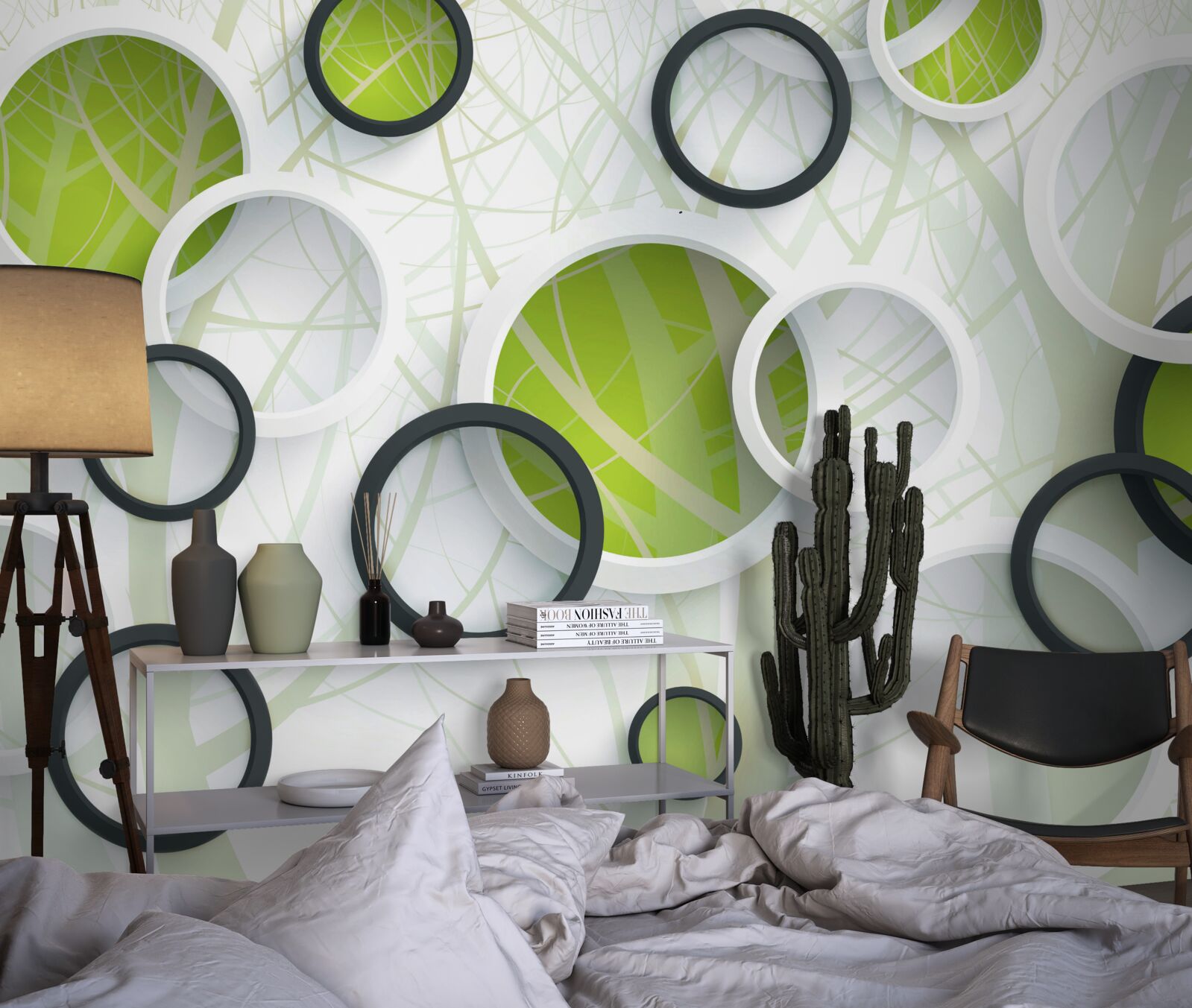 Fototapet pădure densă cu vegetație abundentă și cercuri 3d