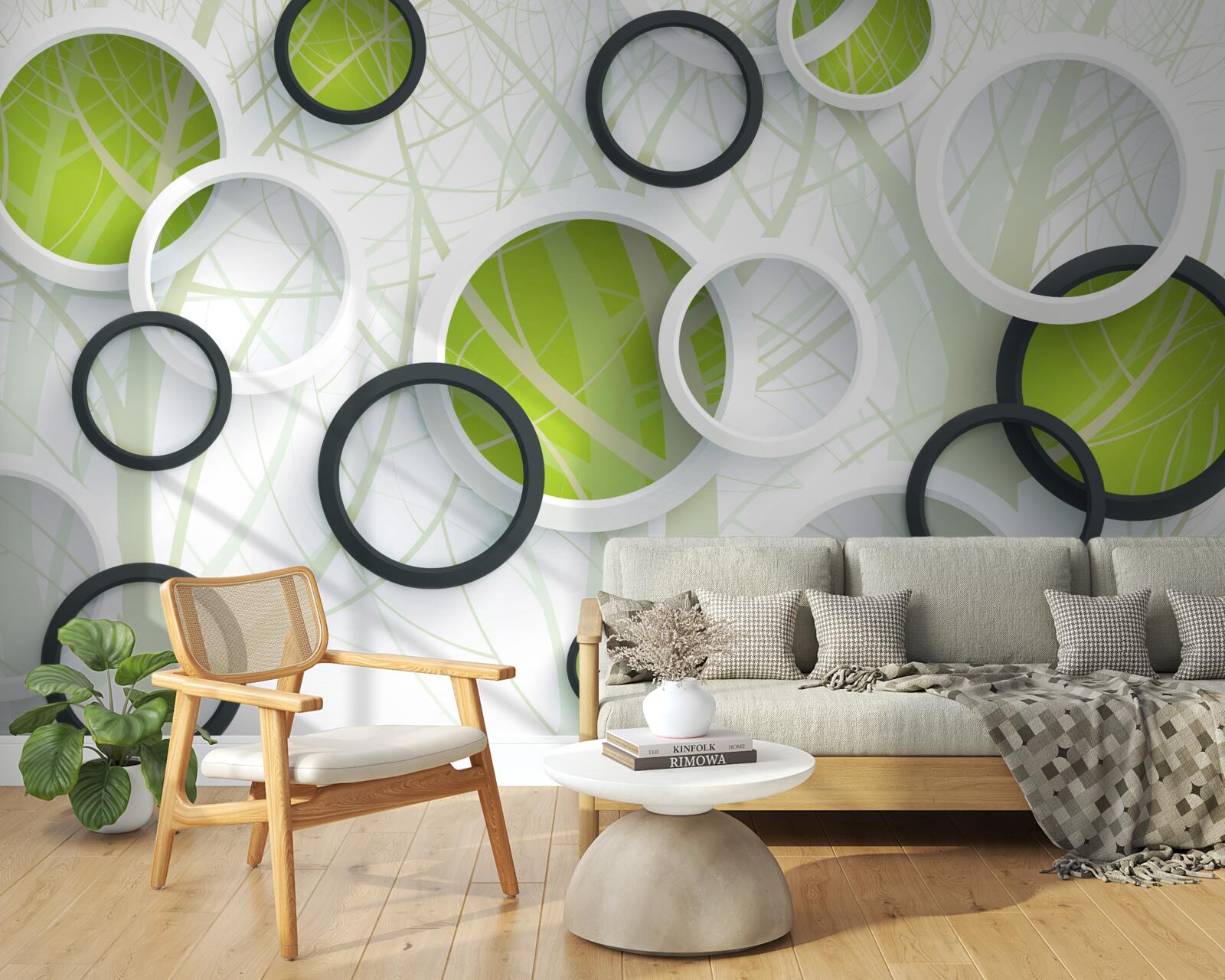 Fototapet pădure densă cu vegetație abundentă și cercuri 3d