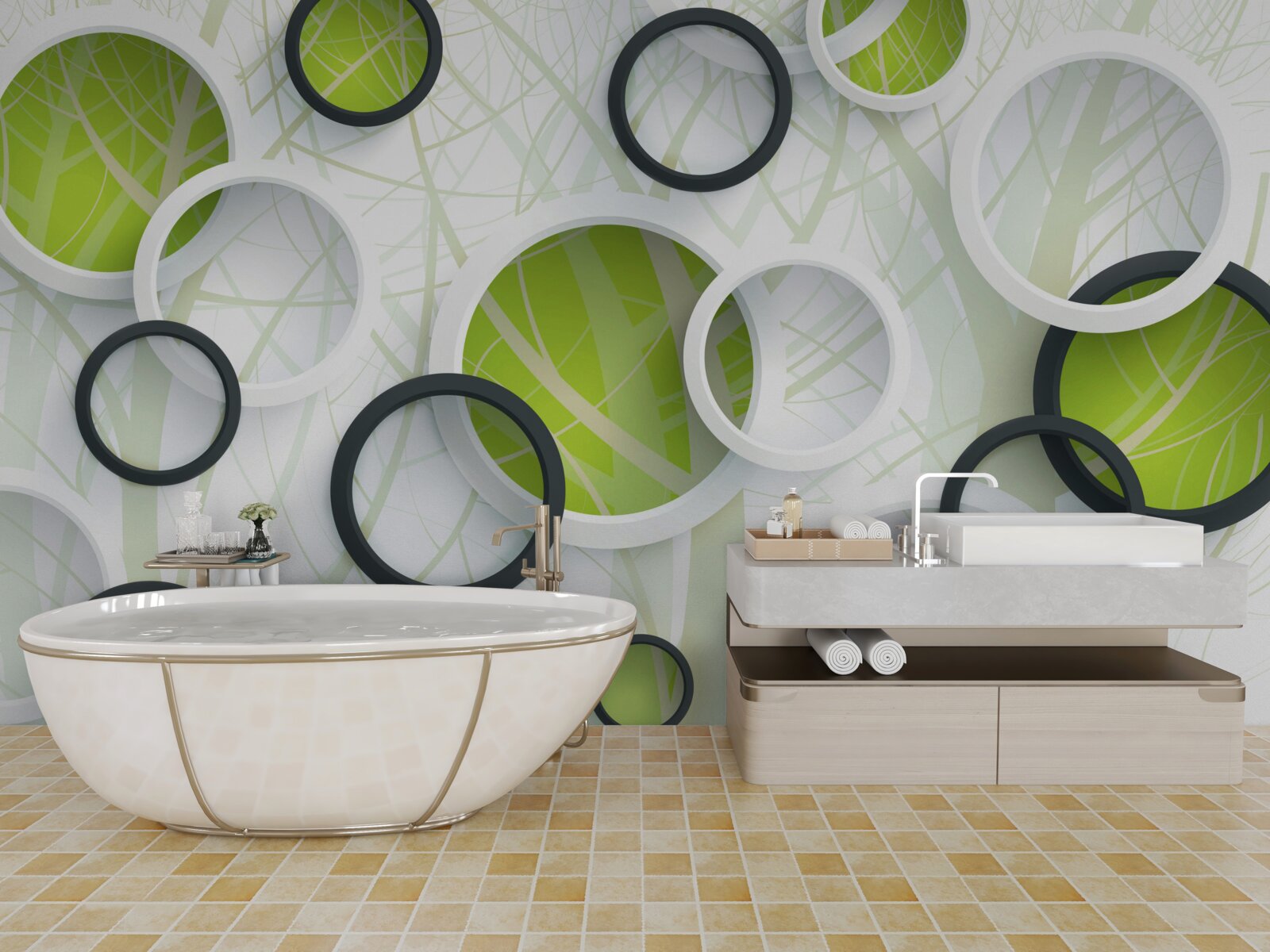 Fototapet pădure densă cu vegetație abundentă și cercuri 3d