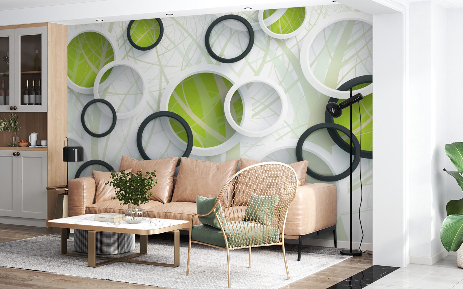 Fototapet pădure densă cu vegetație abundentă și cercuri 3d