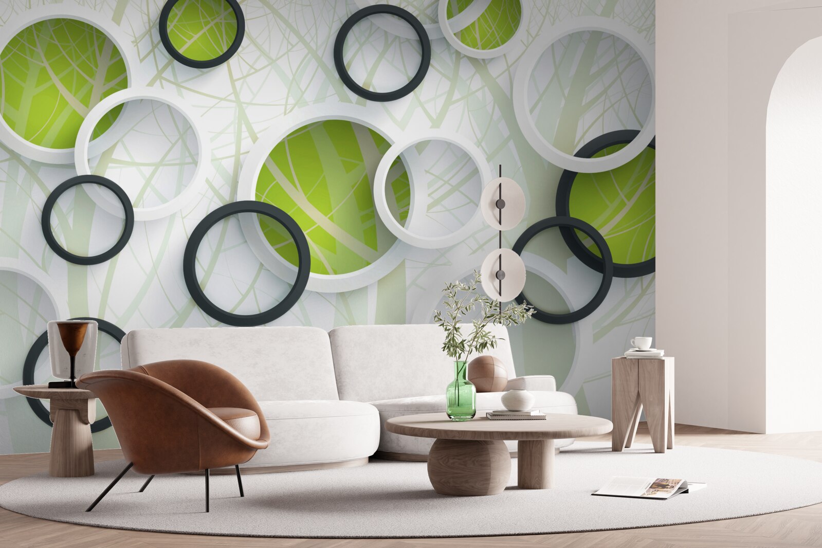 Fototapet pădure densă cu vegetație abundentă și cercuri 3d