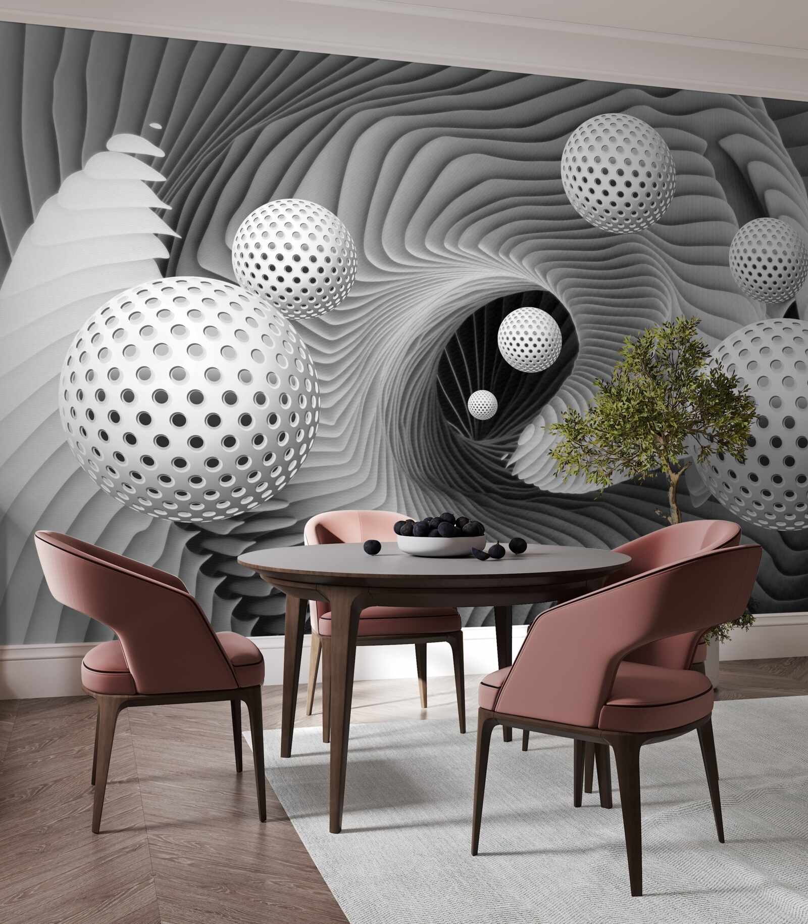 Fototapet perspectivă de bile și vortex tunel în alb și negru