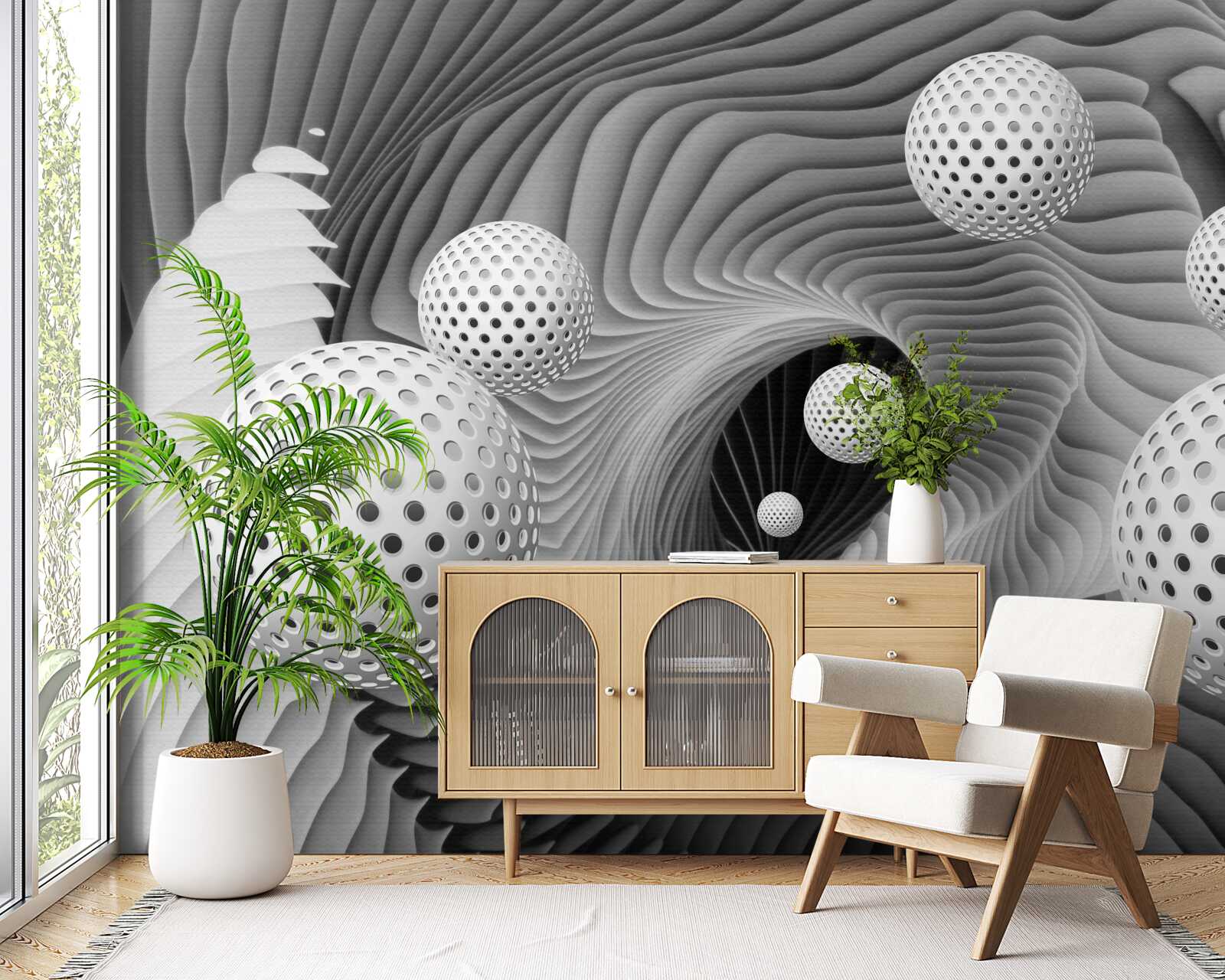 Fototapet perspectivă de bile și vortex tunel în alb și negru