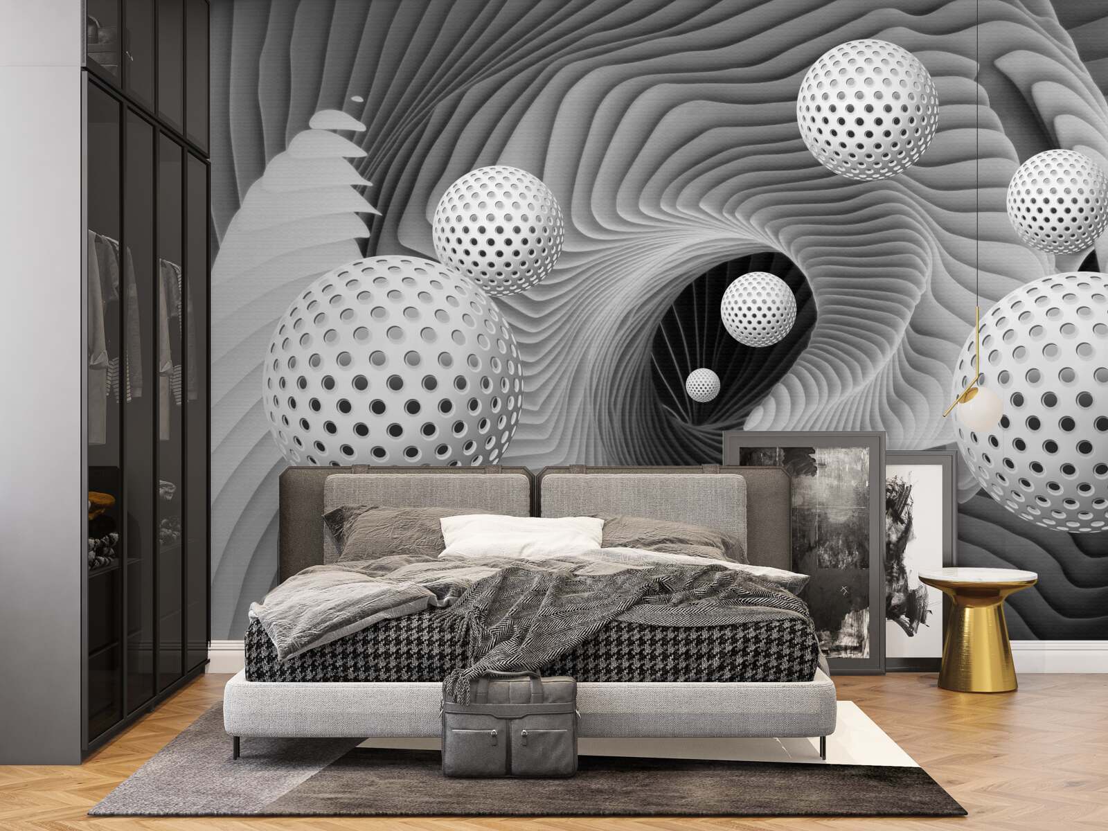 Fototapet perspectivă de bile și vortex tunel în alb și negru